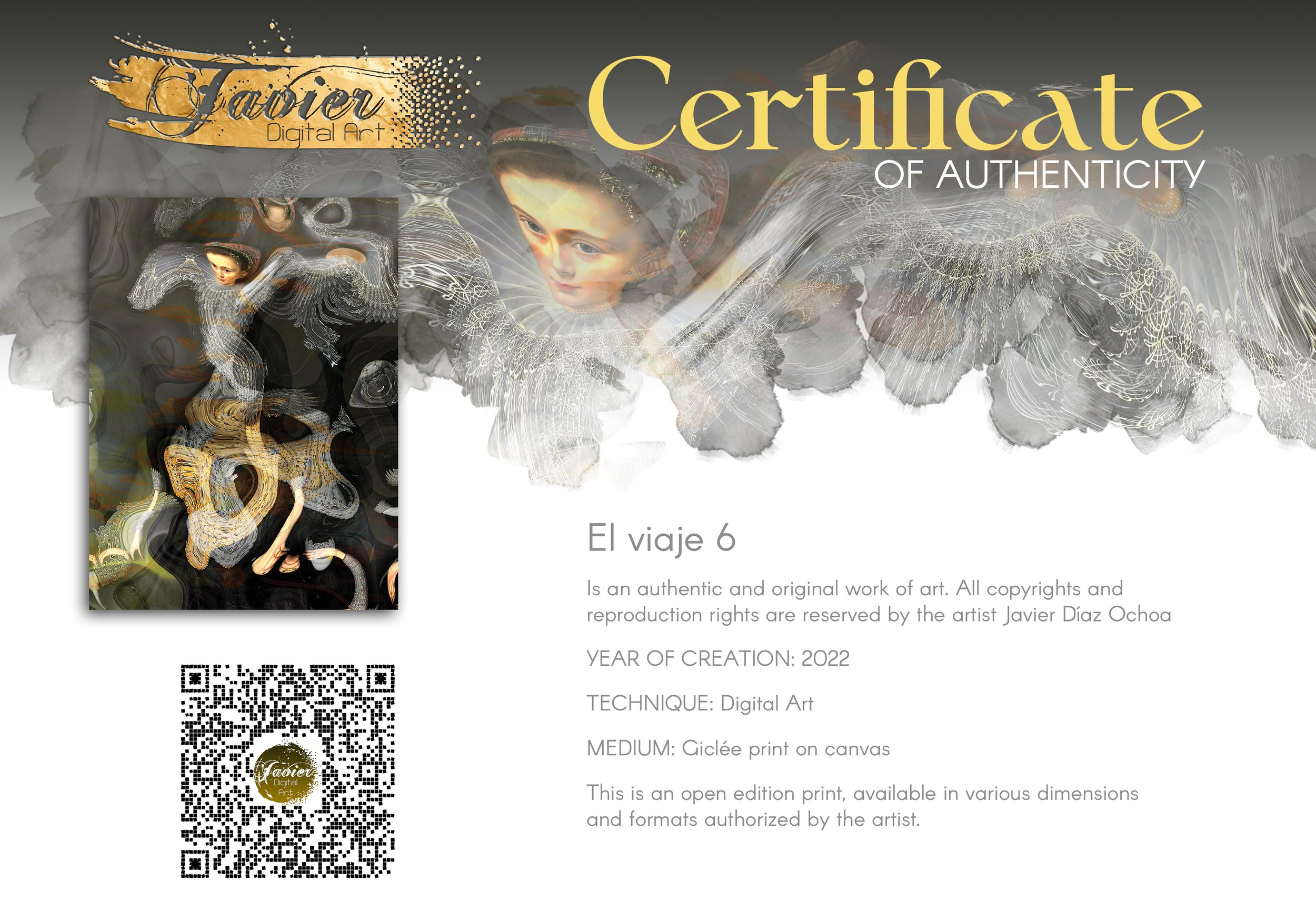 Contemporary art of a surreal, liquid deconstruction of a classical Renaissance portrait with fractal lace textures on smoky background, framed and ready to hang. Certificate of Authenticity