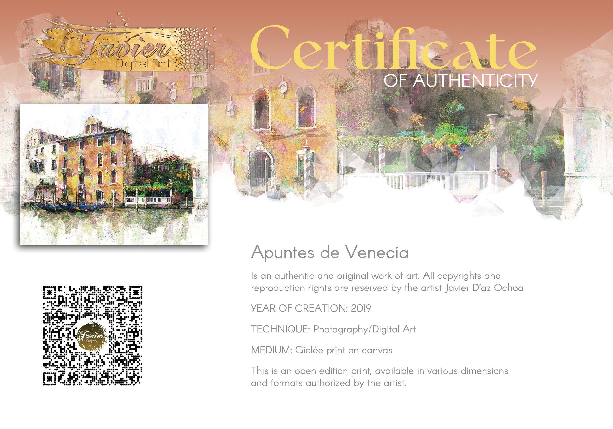 Fine art print of a classic Venice canal landscape with historic Italian architecture, docked gondolas, and colorful reflections on the water, framed and ready to hang. Certificate of Authenticity