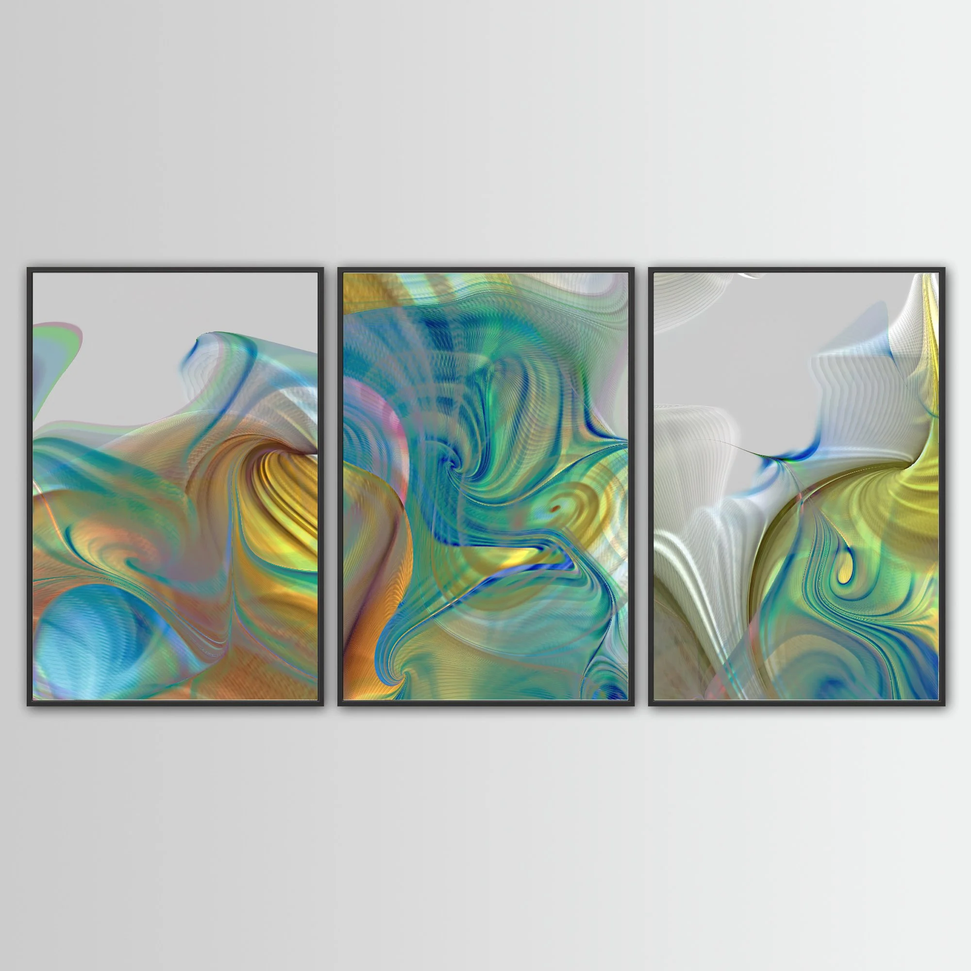 Abstract triptych with swirling fluid shapes and intricate wave line patterns in teal, turquoise, and metallic gold tones over a gray background, framed and ready to hang. With black frame