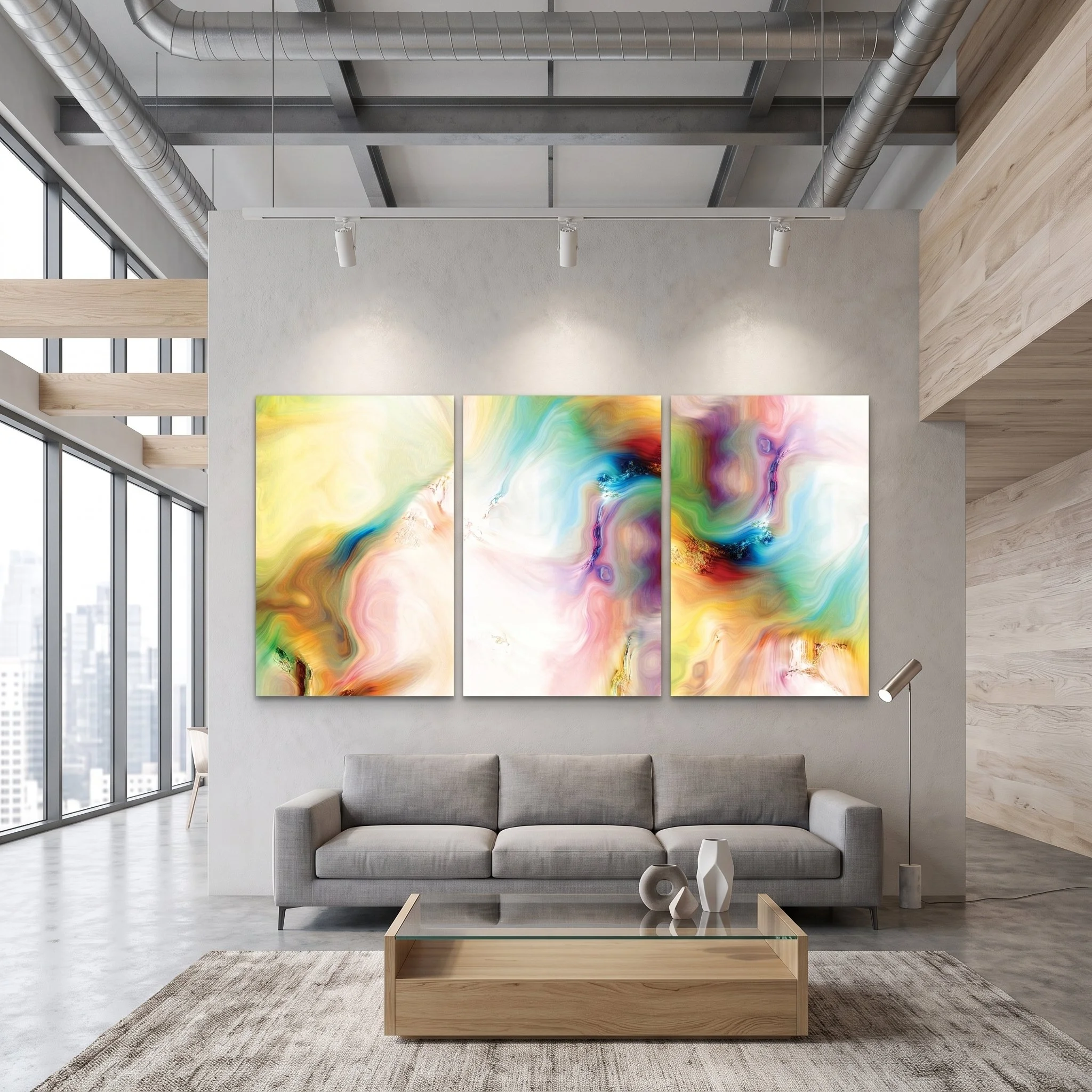 Colorful abstract art triptych above a gray sofa in a modern loft with exposed pipes, polished concrete floors, and large urban windows.