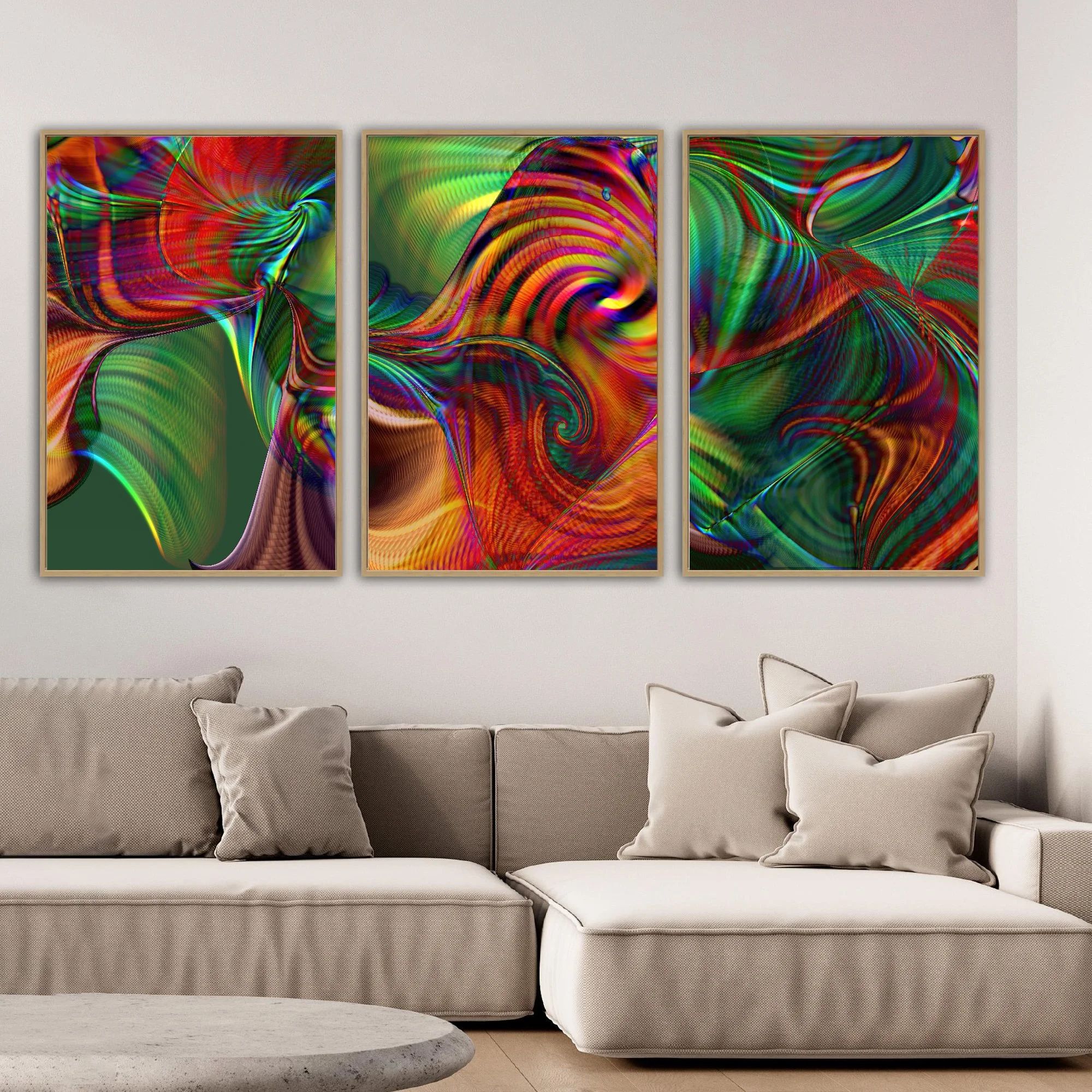 Abstract fine art triptych with swirling psychedelic spiral and fine wave lines in rainbow colors over a deep green background, framed and ready to hang. Over grey couch