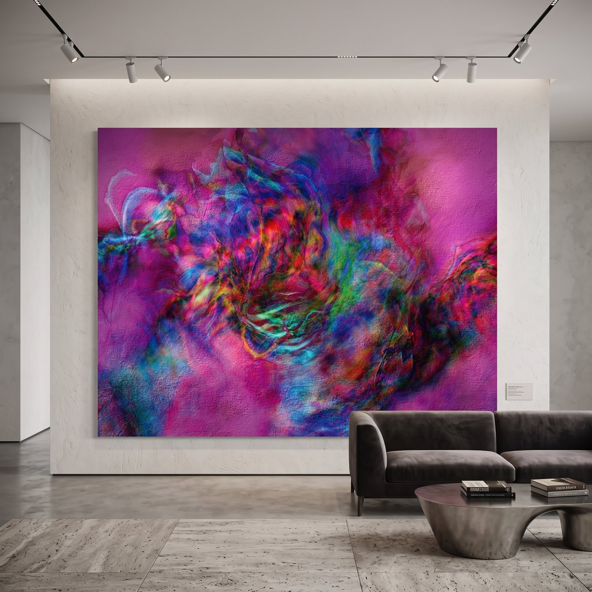 Abstract magenta painting on the wall of a minimalist design showroom with a black sofa and focused lighting.
