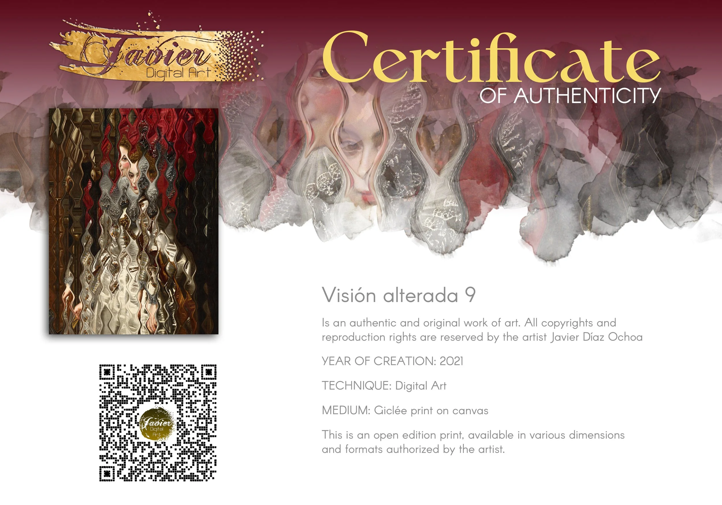 Contemporary art of a Renaissance portrait deconstructed through a wave distortion pattern, a white gown and crimson red background, framed and ready to hang. Certificate of Authenticity