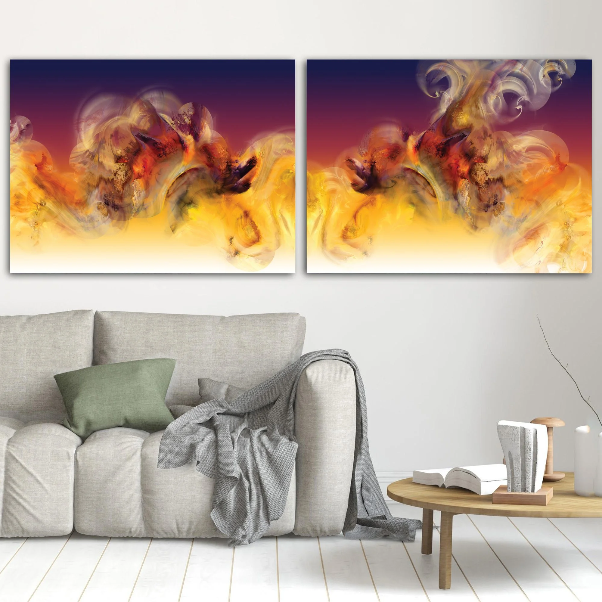 Abstract diptych with textured, cloud-like fluid shapes in orange, golden ocher, and red, with contrasting against a dark purple background, framed and ready to hang. In living room