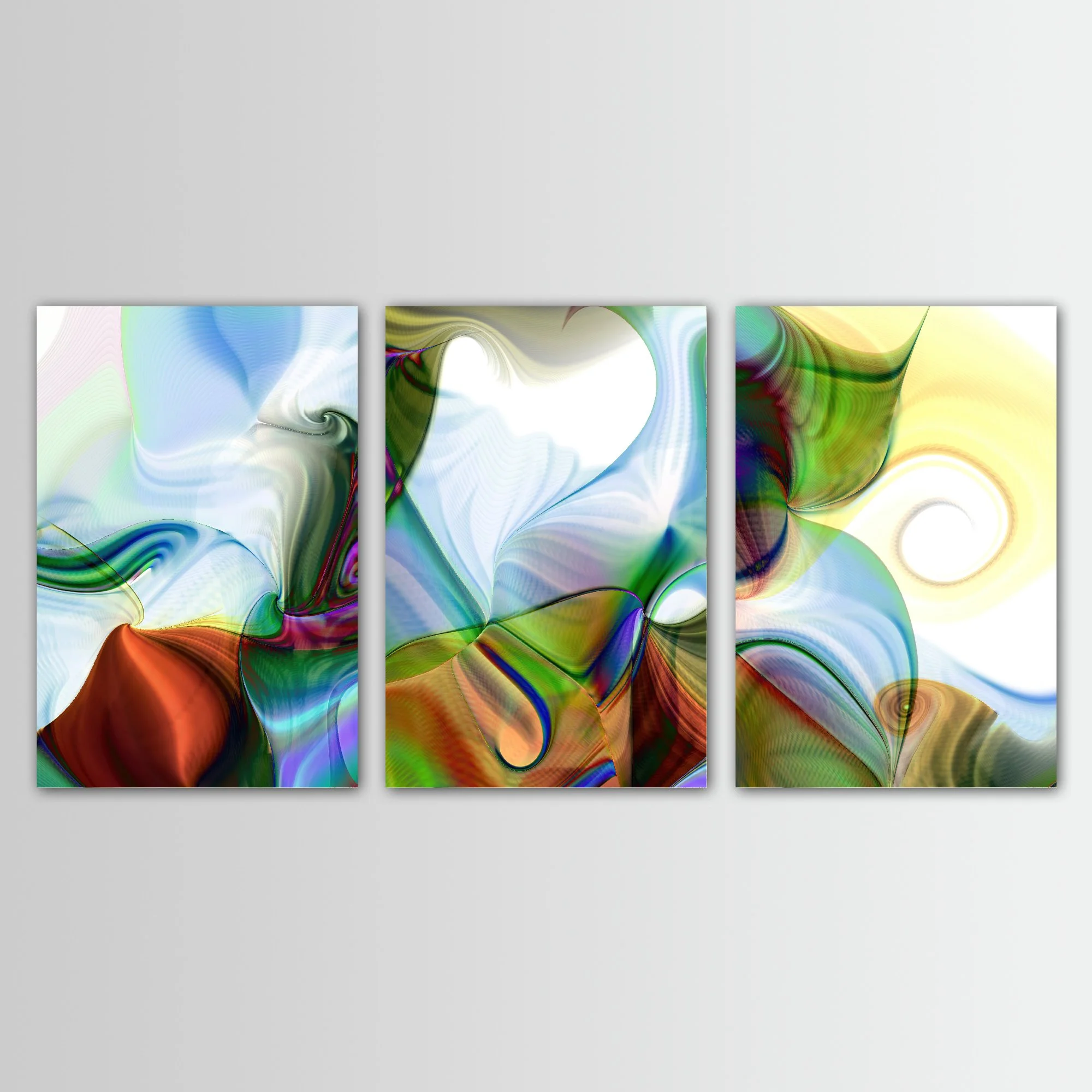 Abstract triptych with spiral patterns, line textures, and a color palette of forest green, sky blue, and warm earth tones over a white background, framed and ready to hang.