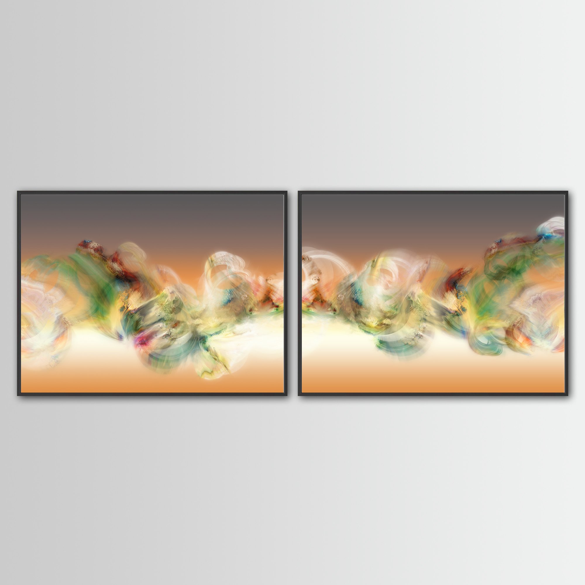 Abstract diptych with swirling smoke patterns and organic textures in green, cream, and ocher over a terracotta and grey background, framed and ready to hang. With black frame