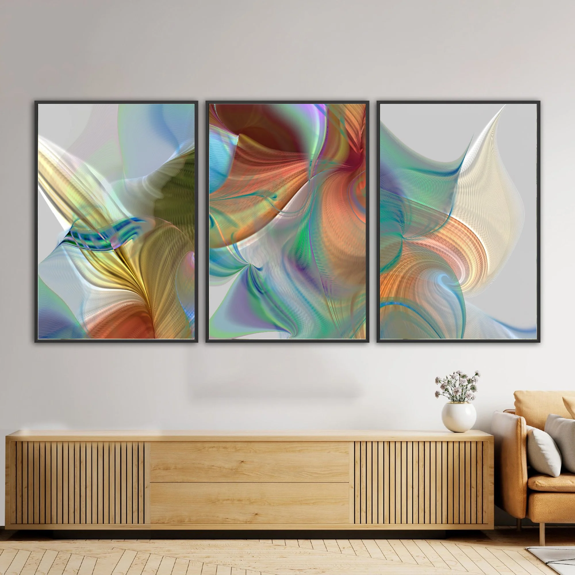 Abstract triptych with flowing organic shapes and wave line patterns in terracotta, old gold, and light blue tones over a gray background, framed and ready to hang. Over wooden console