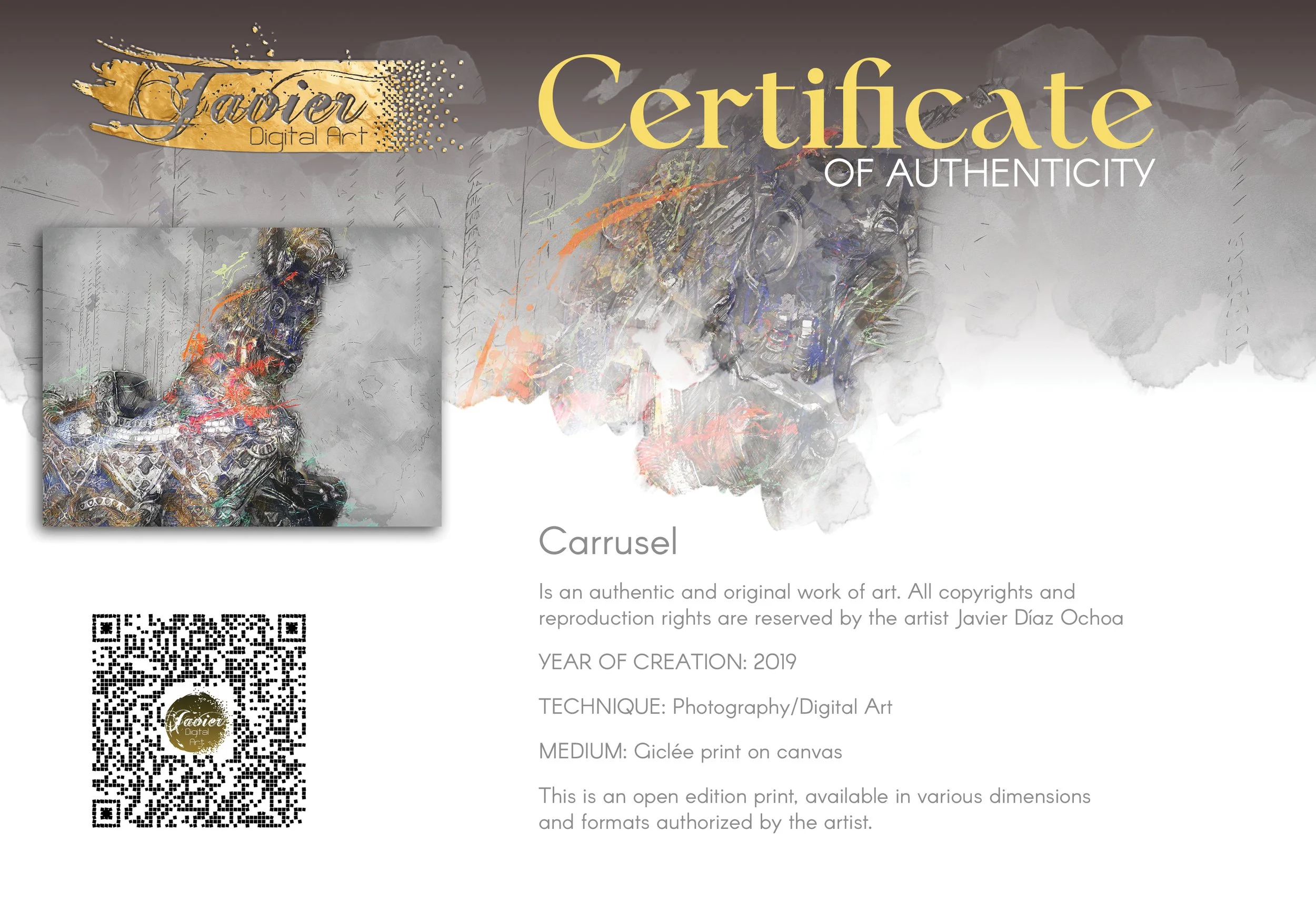 Contemporary art of a robotic cyberpunk horse with mechanical gears and vibrant paint splatters against a textured grey background, framed and ready to hang. Certificate of Authenticity