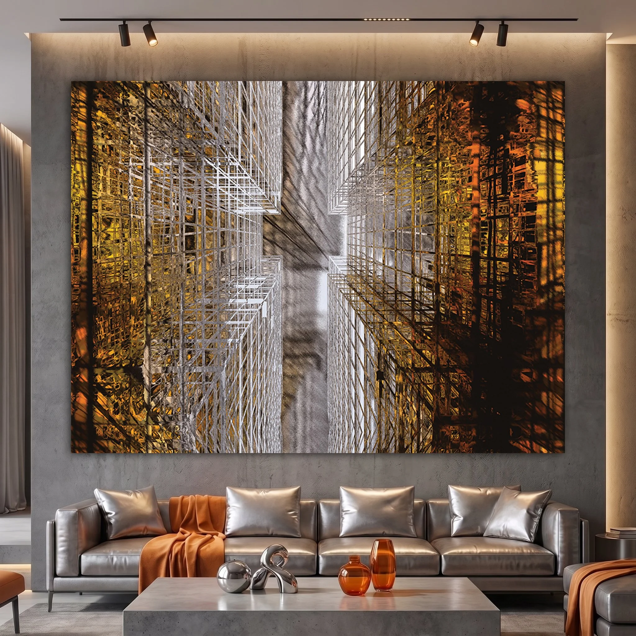 Large abstract painting with a golden geometric structure hanging above a silver sofa in a modern living room with a concrete wall and warm lighting.