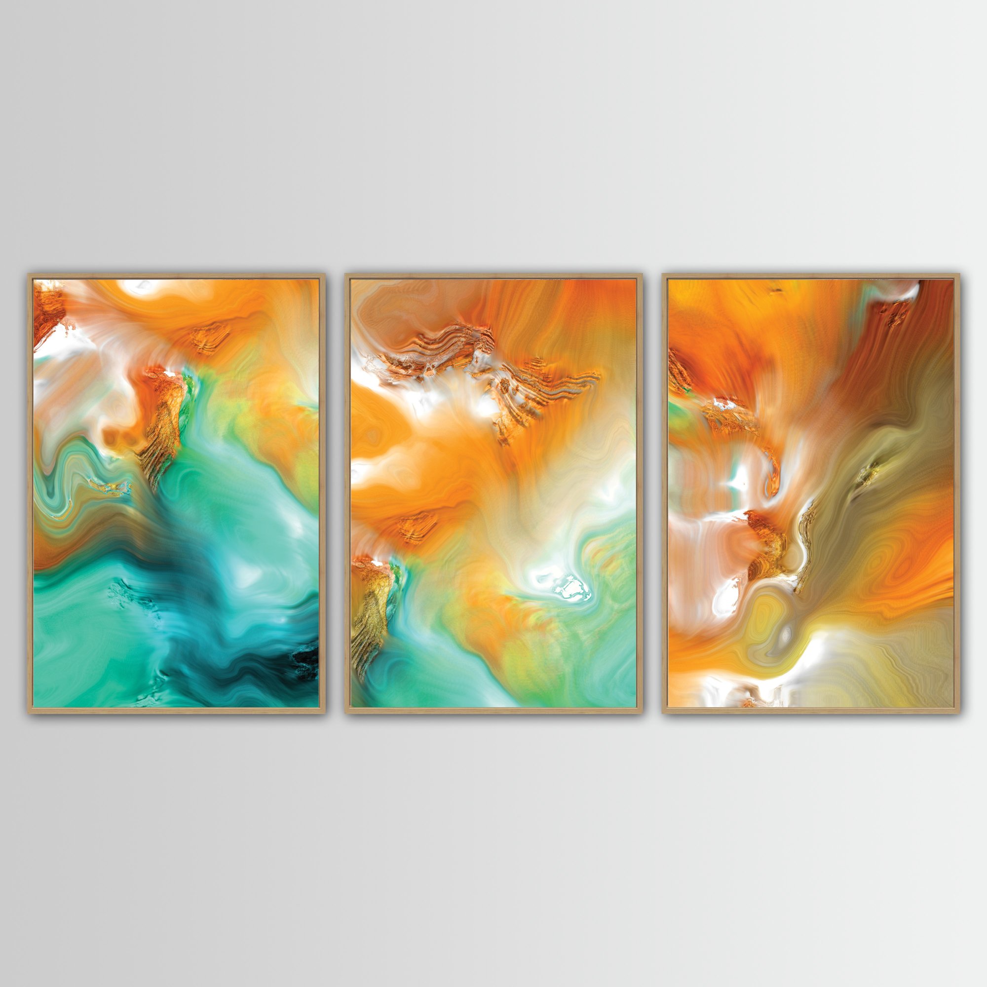 Abstract fine art triptych with flowing liquid marble textures in orange, ocher, and teal green tones, over a bright background, framed and ready to hang. With wooden frame