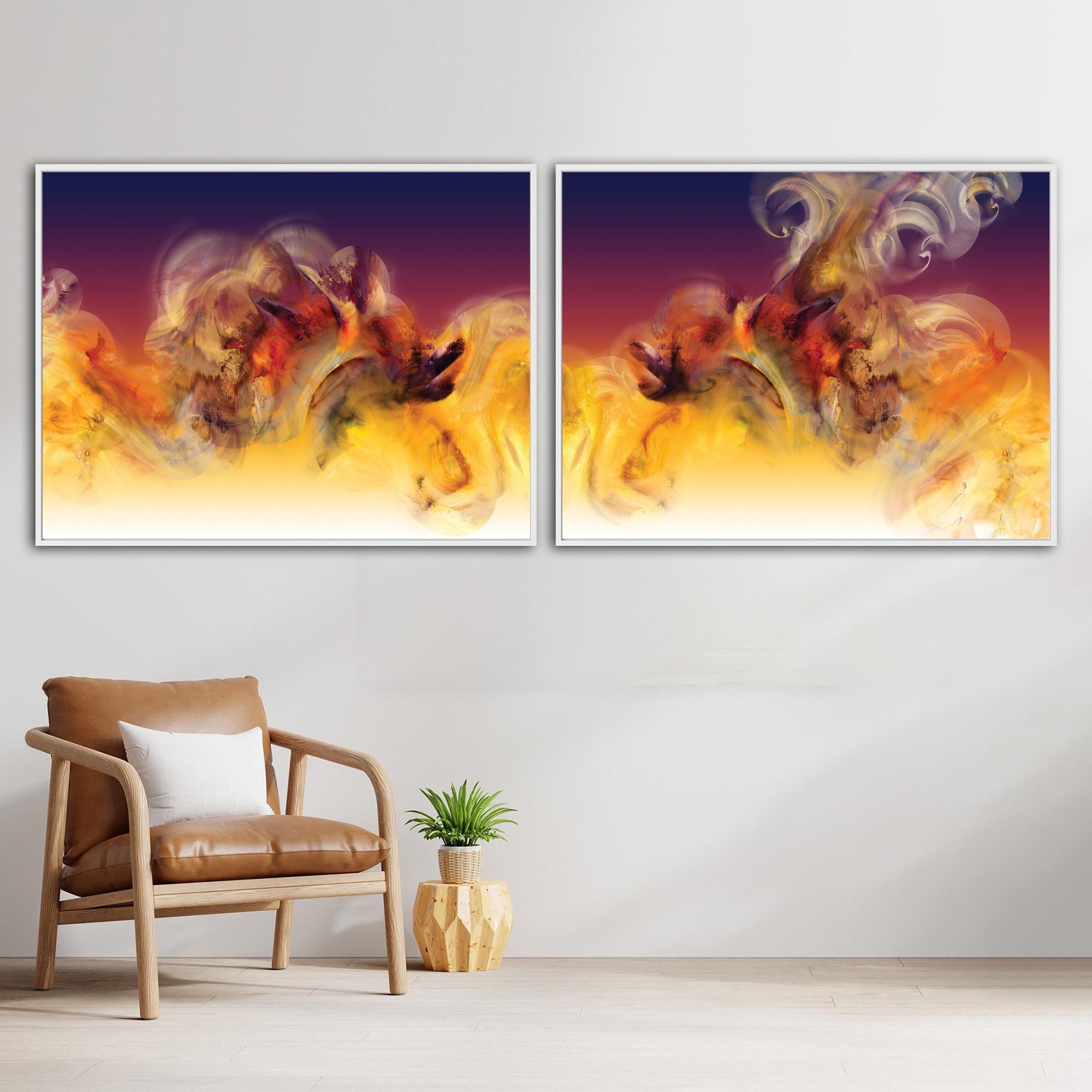 Abstract diptych with textured, cloud-like fluid shapes in orange, golden ocher, and red, with contrasting against a dark purple background, framed and ready to hang. With chair