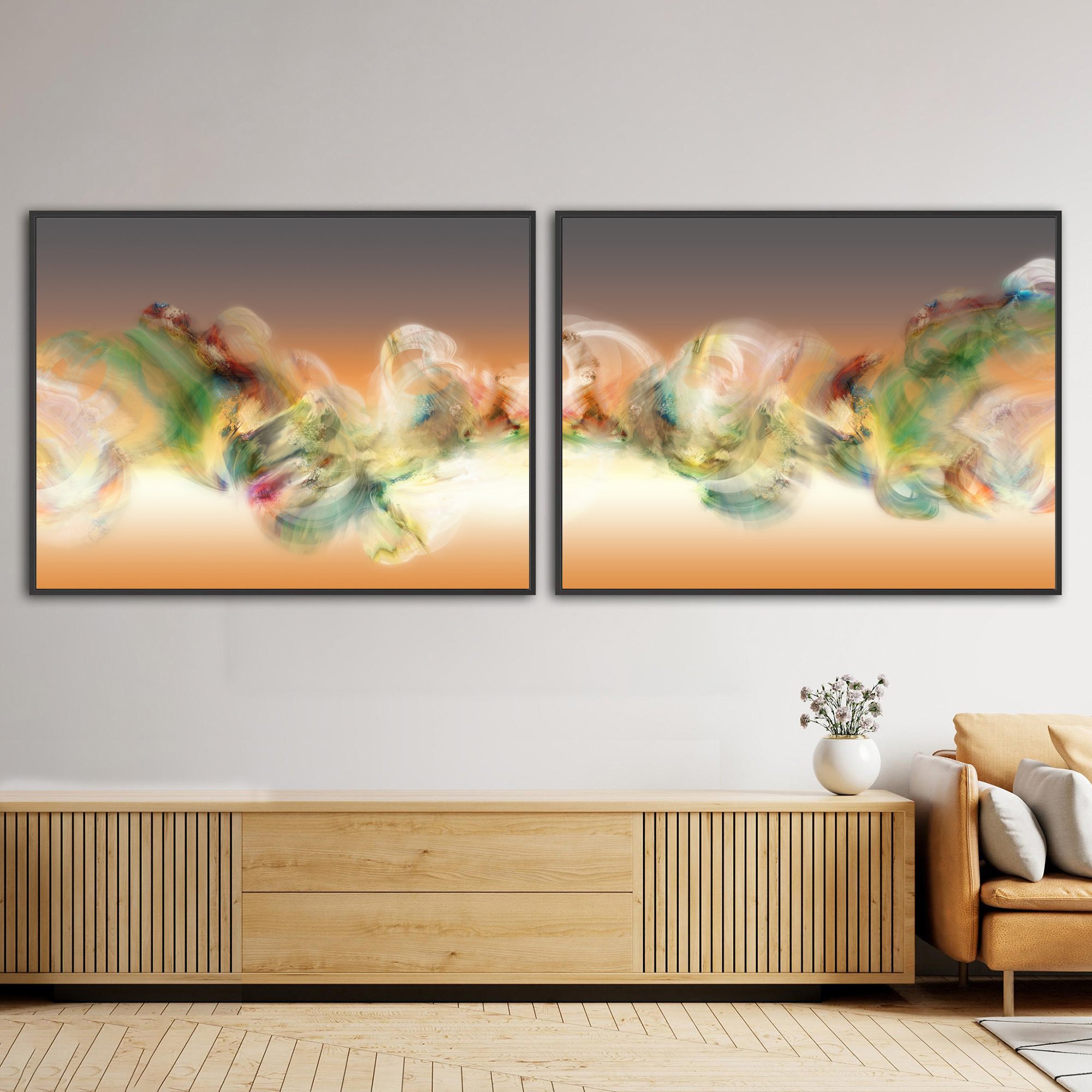 Abstract diptych with swirling smoke patterns and organic textures in green, cream, and ocher over a terracotta and grey background, framed and ready to hang. Over wooden console