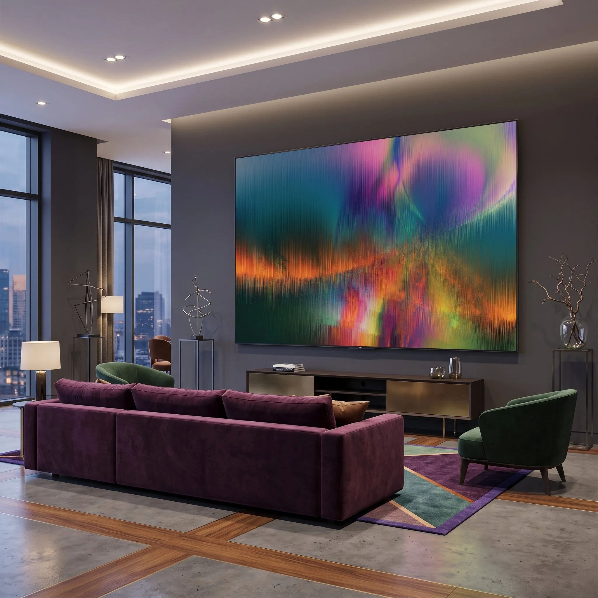 Colorful abstract painting hanging in a luxurious living room with a purple sofa, green armchairs, and floor-to-ceiling windows with an urban view.