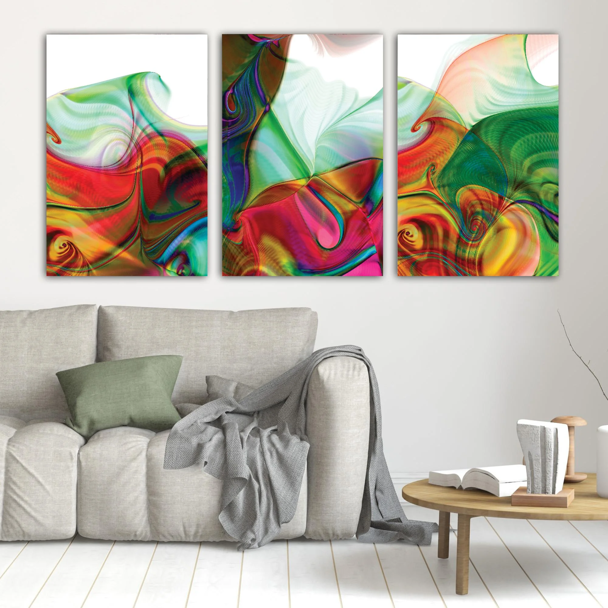 Abstract triptych with swirling fluid shapes and line patterns in vibrant crimson red, magenta, and emerald green over white background, framed and ready to hang. In living room