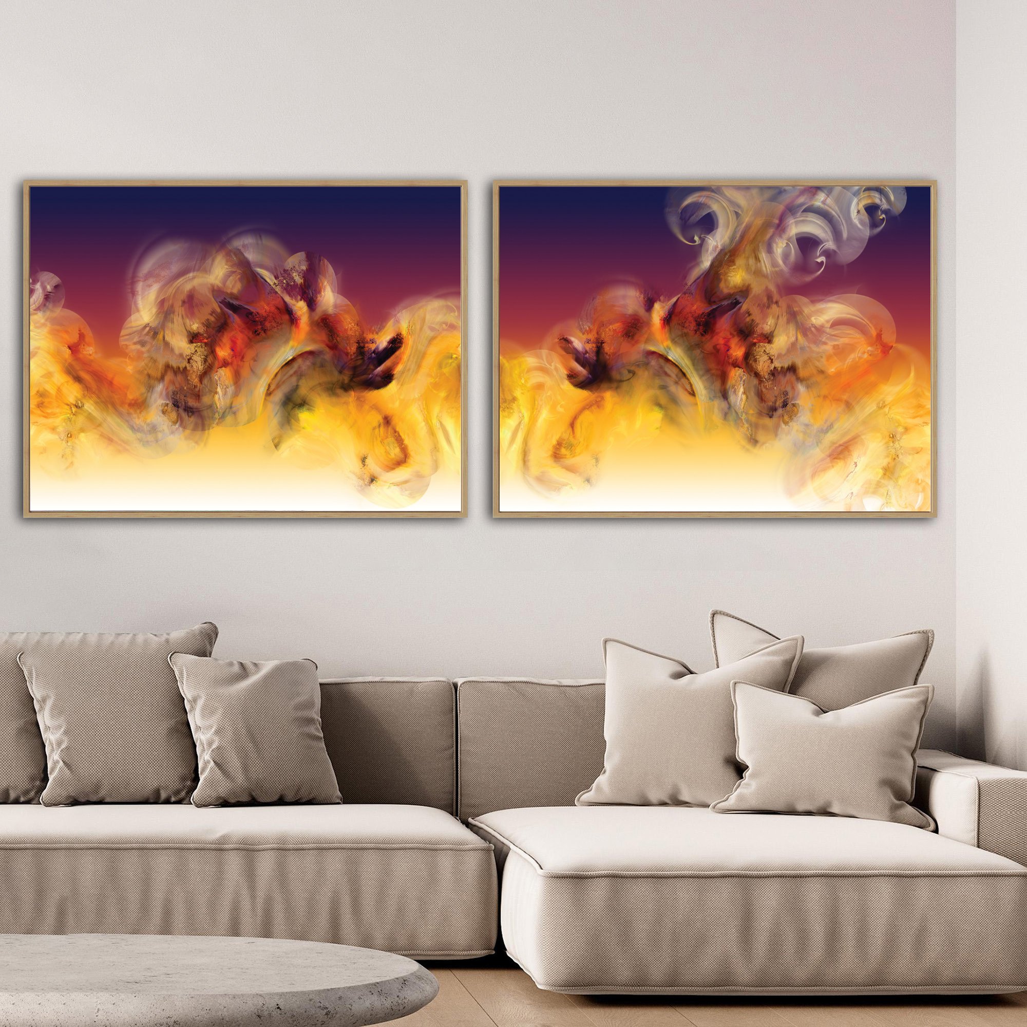 Abstract diptych with textured, cloud-like fluid shapes in orange, golden ocher, and red, with contrasting against a dark purple background, framed and ready to hang. Over grey couch