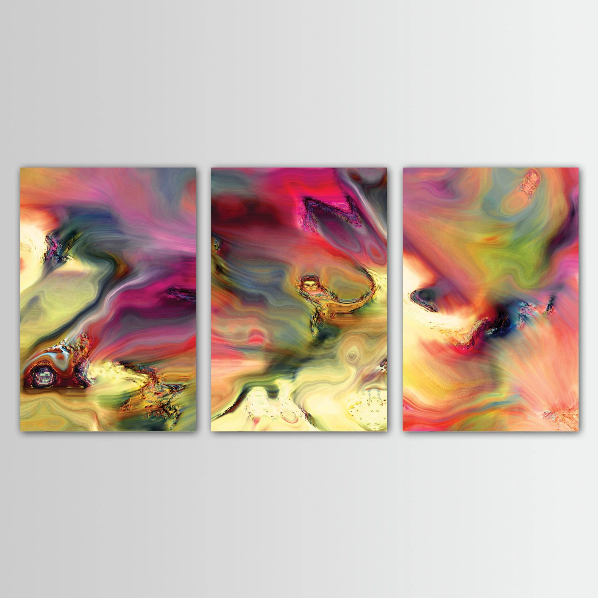 Abstract fine art triptych with dense, swirling psychedelic liquid marble textures in vibrant magenta, ocher yellow, and wine red tones over a warm background, framed and ready to hang.