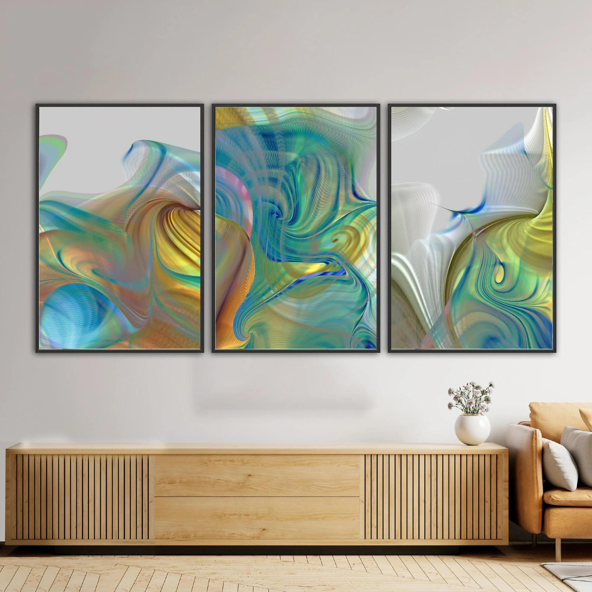 Abstract triptych with swirling fluid shapes and intricate wave line patterns in teal, turquoise, and metallic gold tones over a gray background, framed and ready to hang. Over wooden console