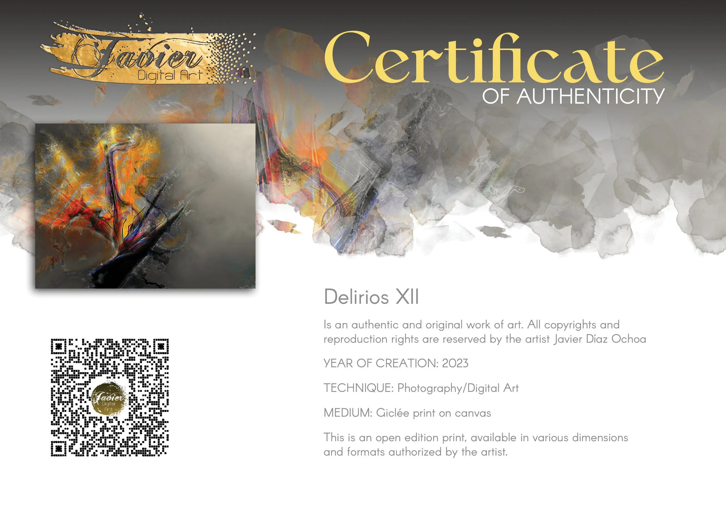 Abstract fine art print with dramatic explosion of textured orange, yellow, and red fiery shapes contrasting against a smoky gray background, framed and ready to hang. Certificate of Authenticity