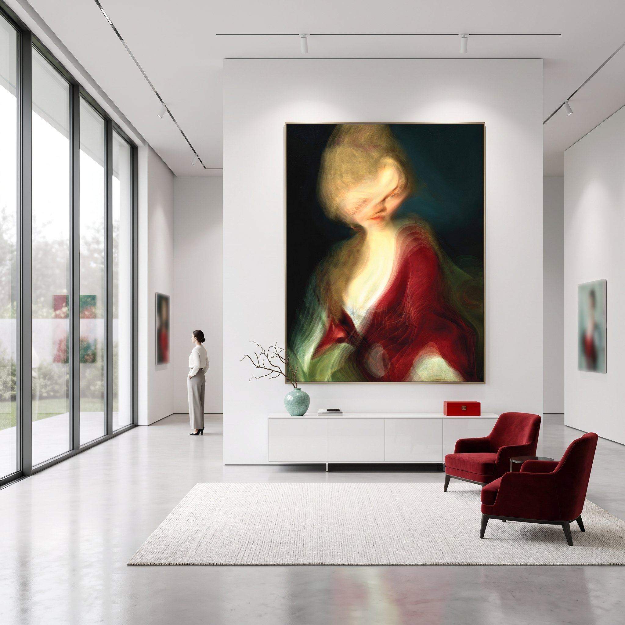 Large canvas art with a blurred, stylized classic portrait hanging in a bright modern gallery, featuring two red velvet armchairs, a white credenza, and floor-to-ceiling glass windows.