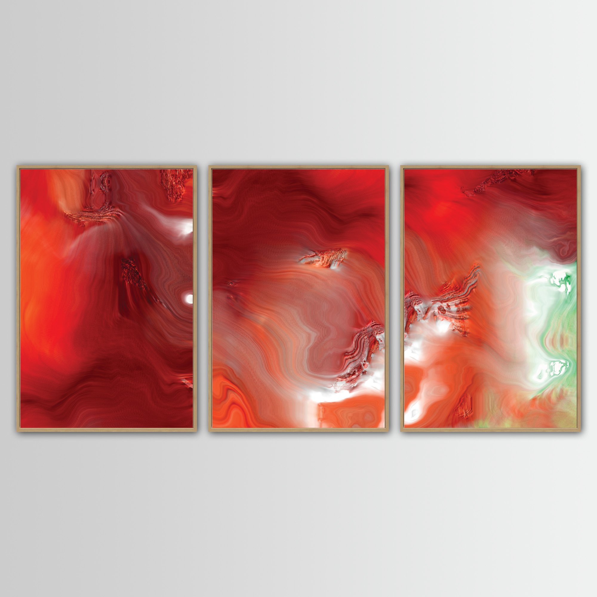Abstract fine art triptych with dense, flowing liquid marble textures in vibrant crimson red, burgundy, and coral orange, white highlights and light green, framed and ready to hang. With wooden frame