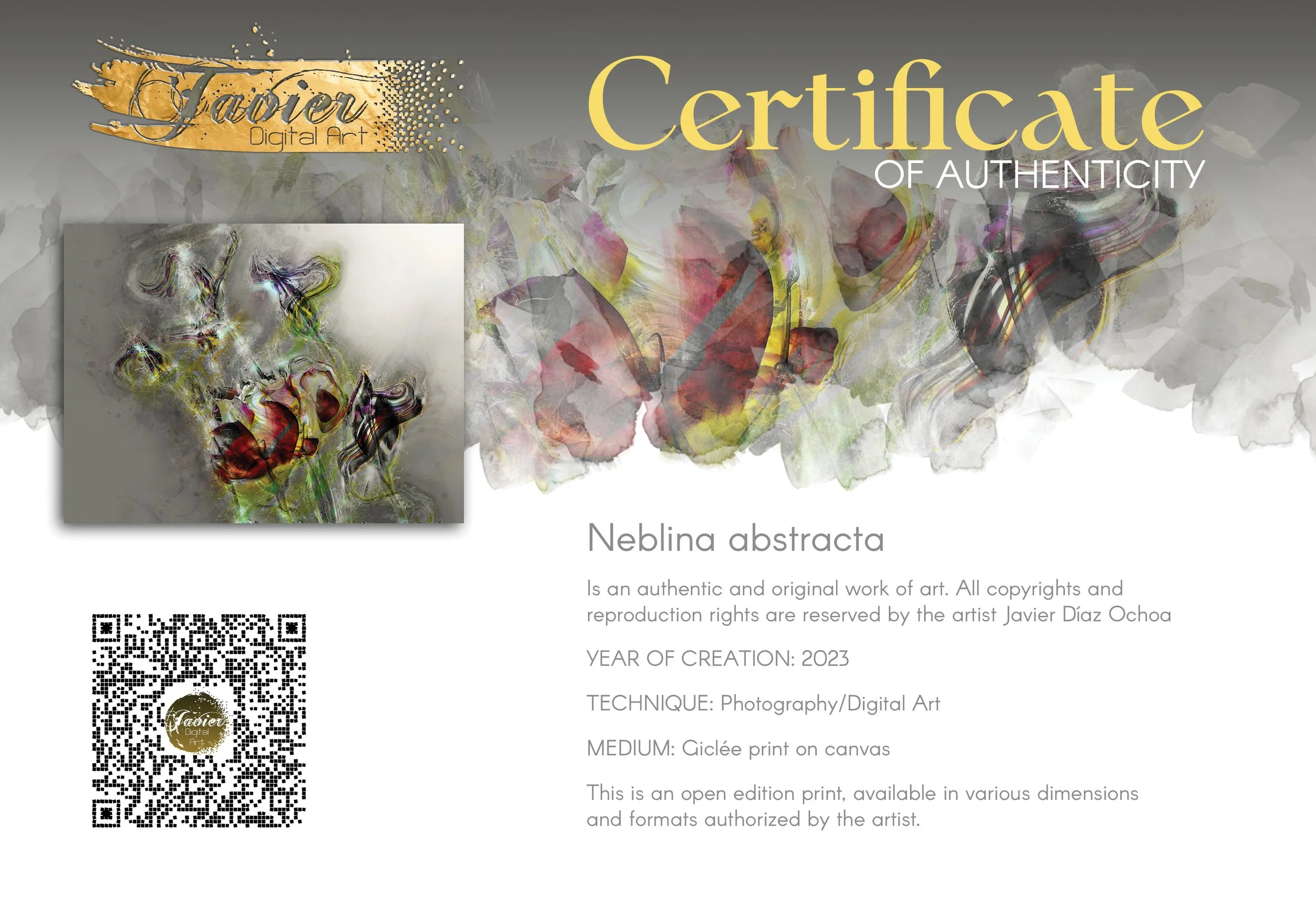Ethereal abstract fine art print featuring highly textured glowing floral shapes in deep red and green tones against a soft grey background, framed and ready to hang. Certificate of Authenticity