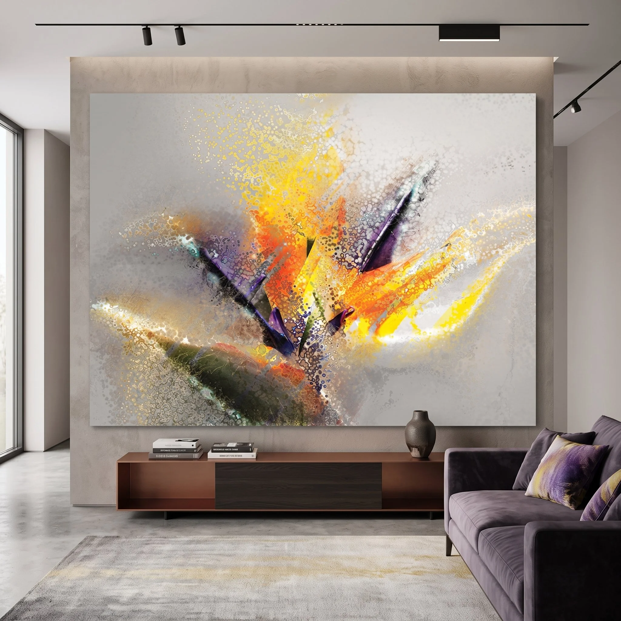Large canvas art with a textured yellow abstract design mounted on a concrete wall above a modern low credenza, featuring a purple velvet sofa and a textured rug.