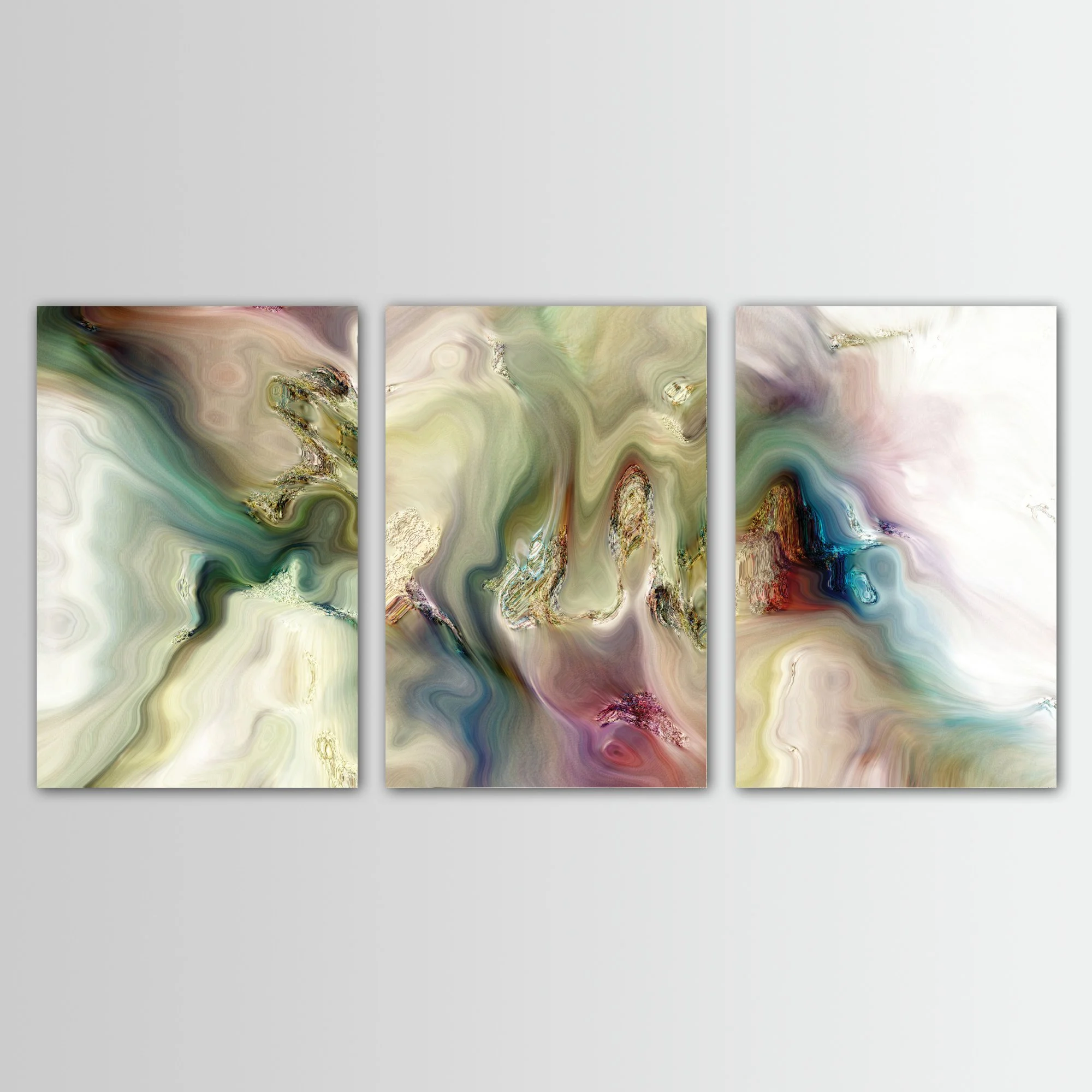 Abstract fine art triptych with liquid marble textures and swirls in muted sage green, cream, and ocher tones with subtle turquoise and violet highlights, framed and ready to hang.