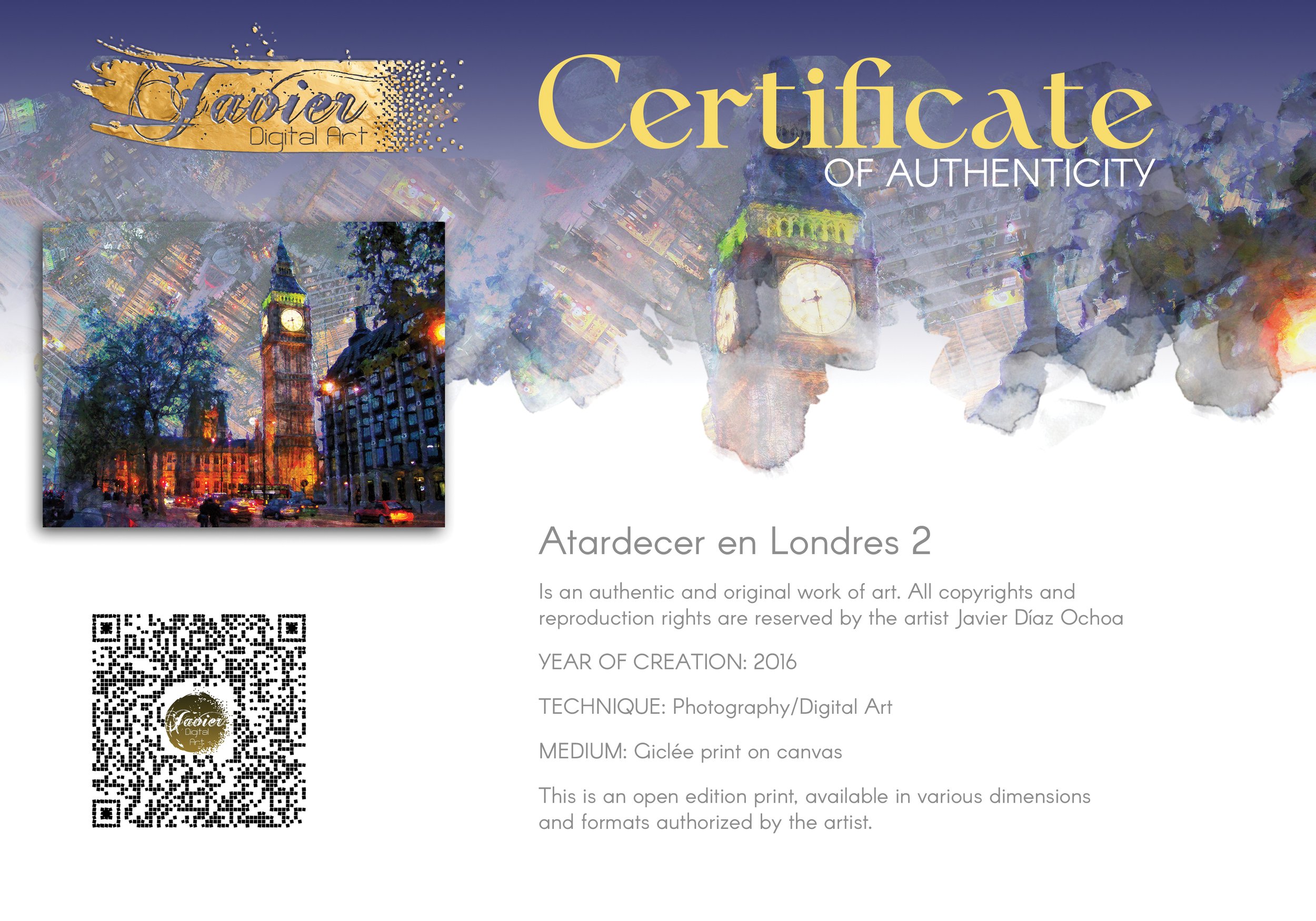 Impressionist fine art print of London's Big Ben illuminated at night with a surreal textured sky featuring inverted city architectural patterns, framed and ready to hang. Certificate of Authenticity