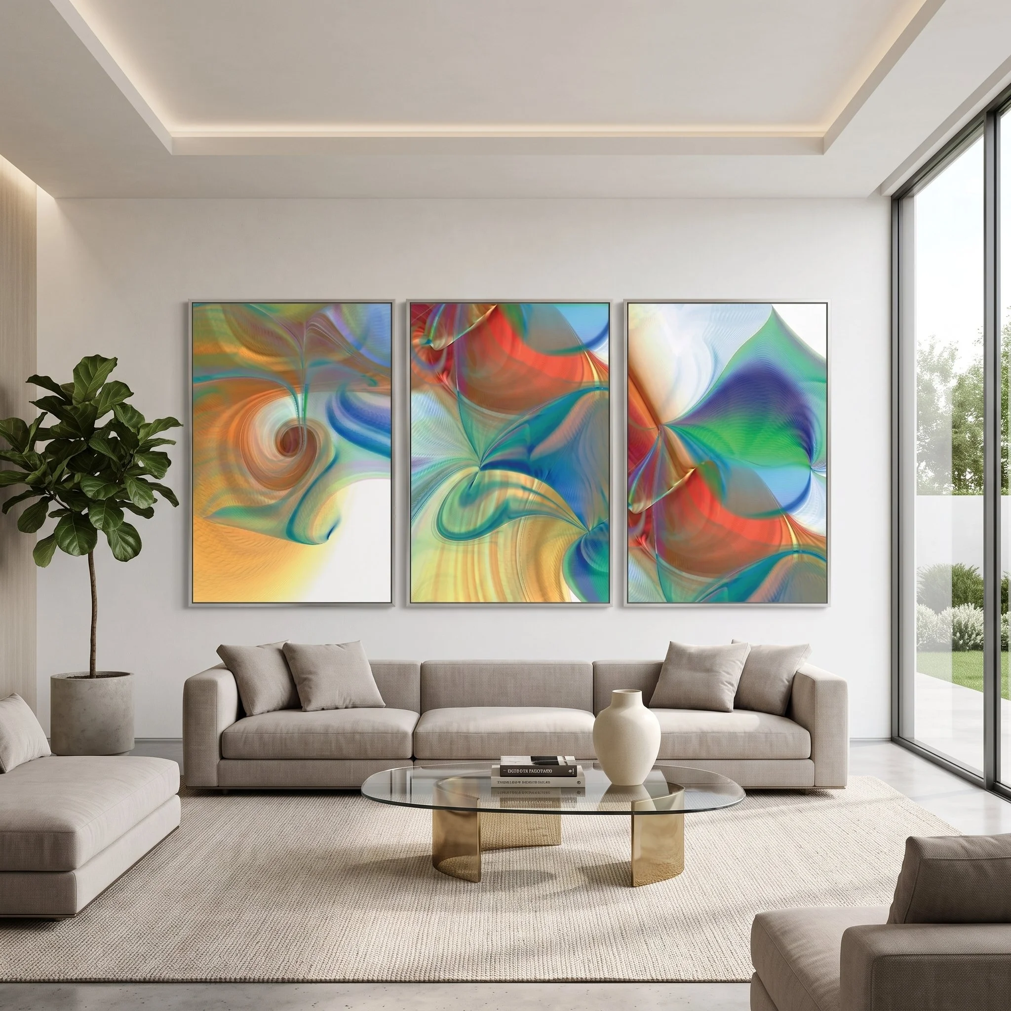 Abstract triptych above a beige sofa in a modern living room with a round glass coffee table, a potted tree, a light-colored area rug, and large floor-to-ceiling glass doors.