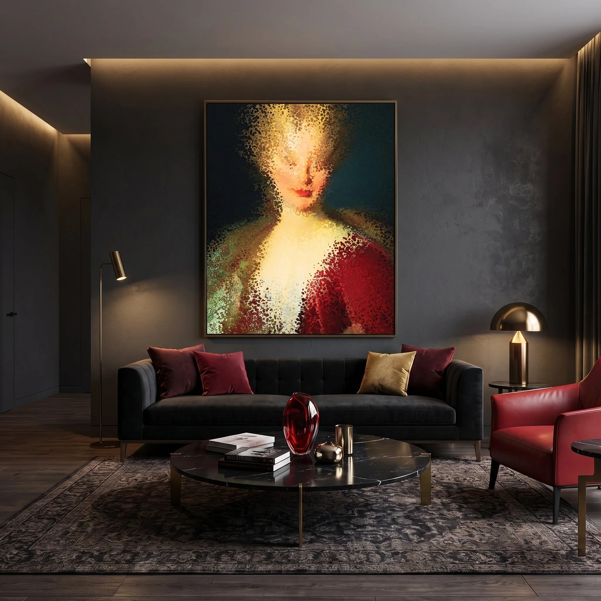 Large canvas art featuring a pixelated, stylized classic portrait hanging in a luxury lounge with a black sofa, a red armchair, and a black marble coffee table.