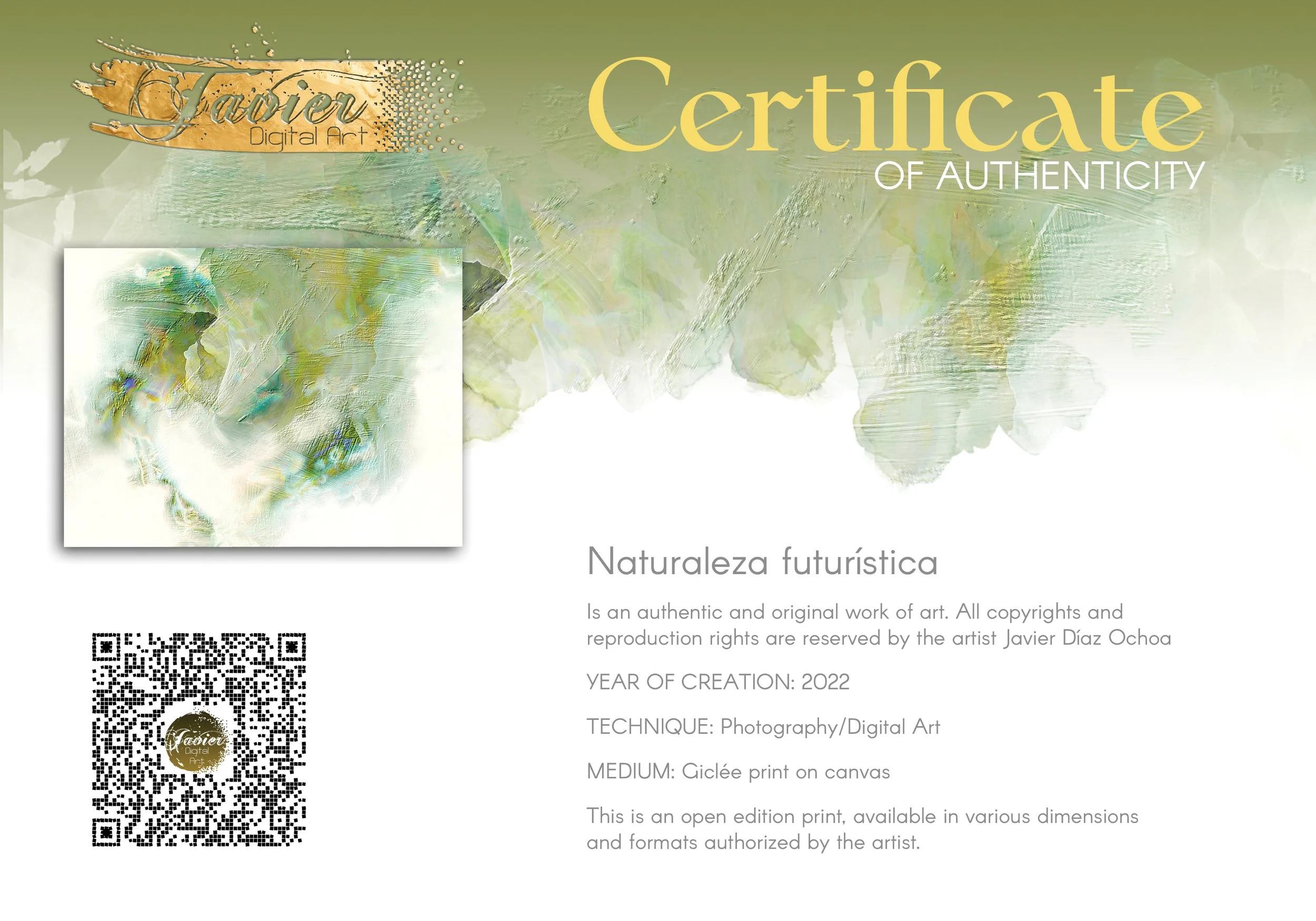 Minimalist fine art print showcasing heavy impasto brushstroke textures in soft sage, olive green, and beige tones on a bright white background, framed and ready to hang. Certificate of Authenticity