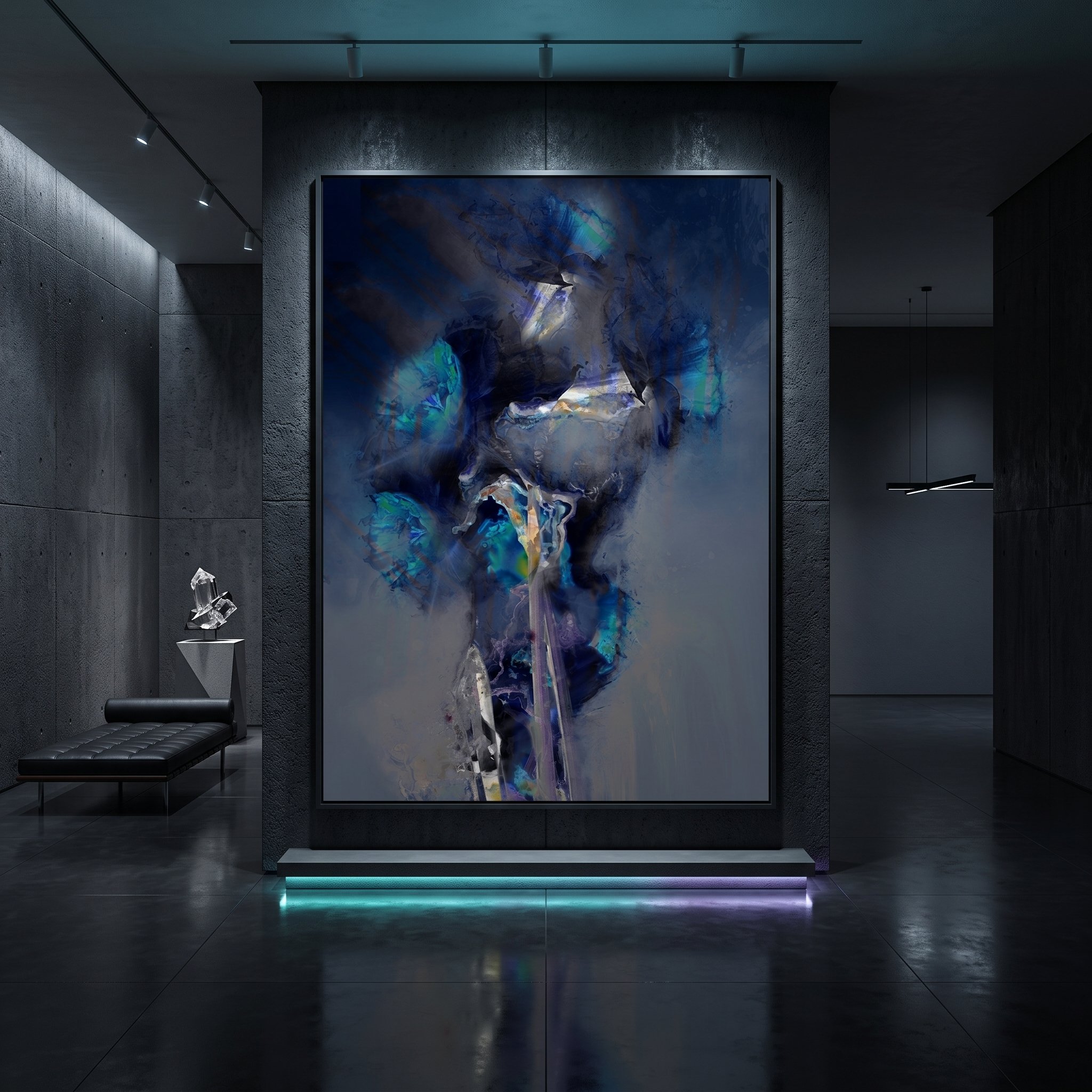 Large canvas art with a textured blue and purple abstract design displayed in a moody brutalist gallery with concrete walls, dark floors, and minimalist accent lighting.