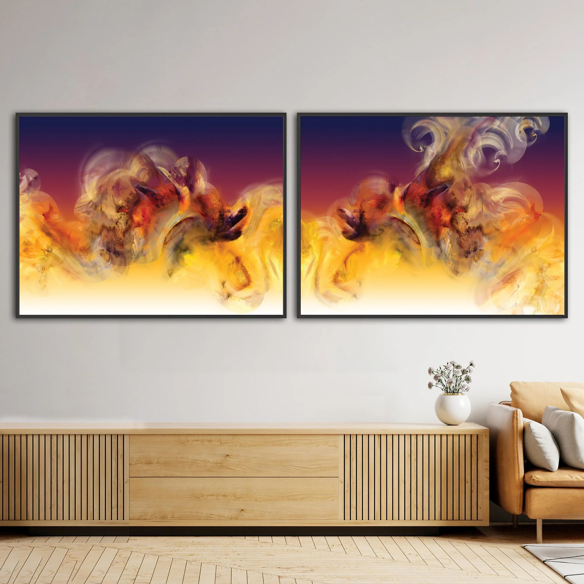 Abstract diptych with textured, cloud-like fluid shapes in orange, golden ocher, and red, with contrasting against a dark purple background, framed and ready to hang. Over wooden console