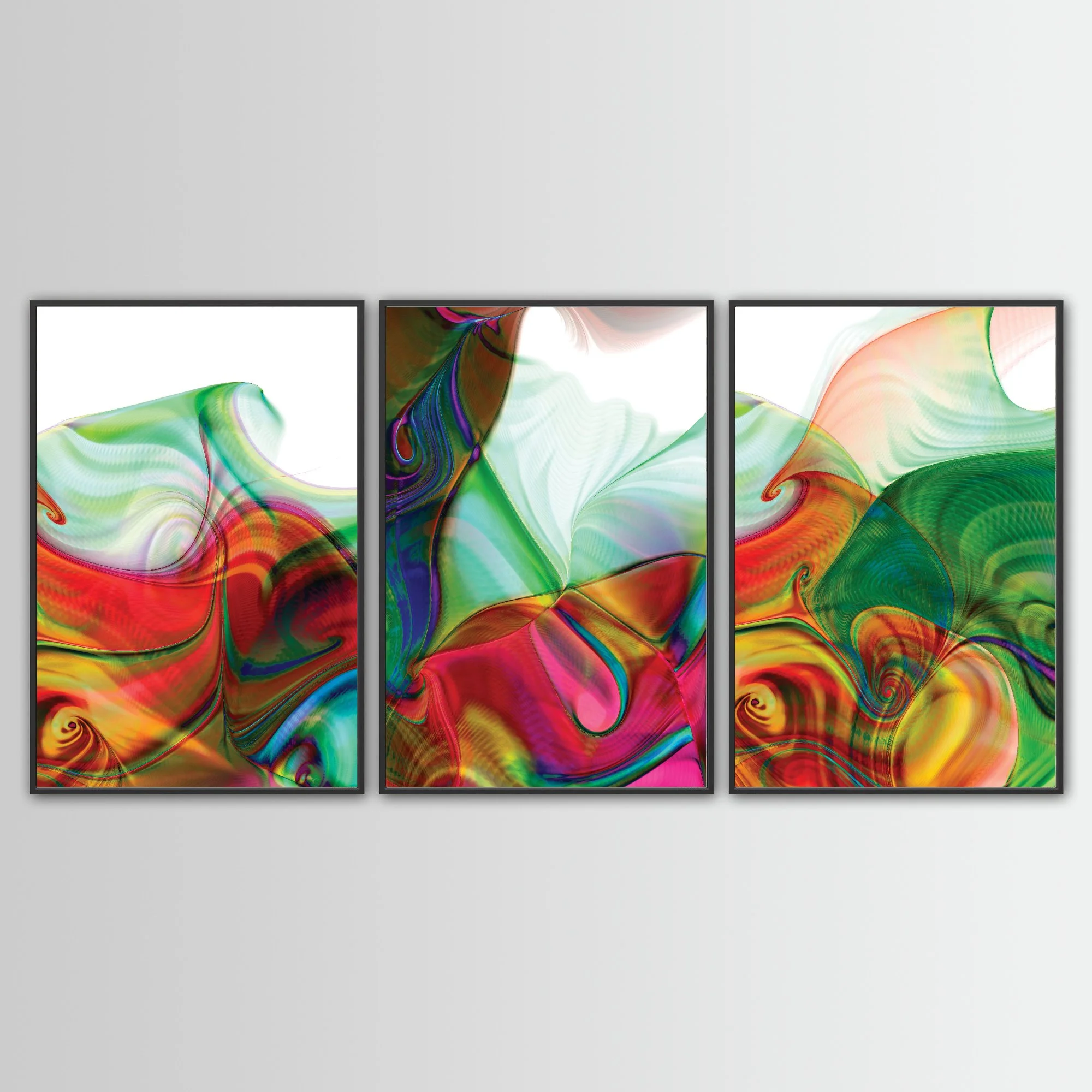 Abstract triptych with swirling fluid shapes and line patterns in vibrant crimson red, magenta, and emerald green over white background, framed and ready to hang. With black frame