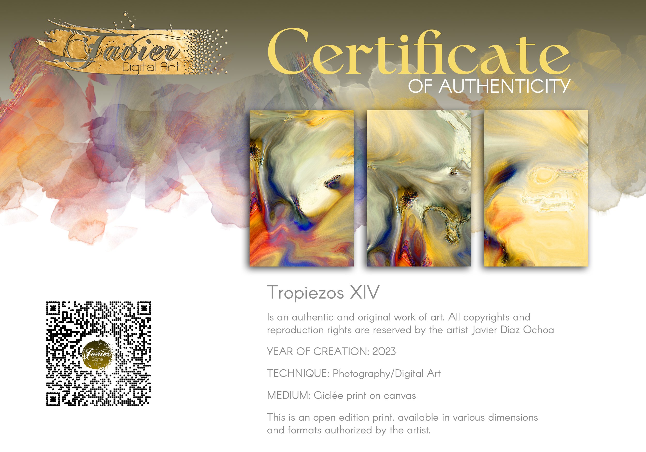 Abstract triptych with liquid textures in warm gold, ocher, and cream, contrasting with deep navy blue and terracotta swirls, framed and ready to hang. Certificate of Authenticity