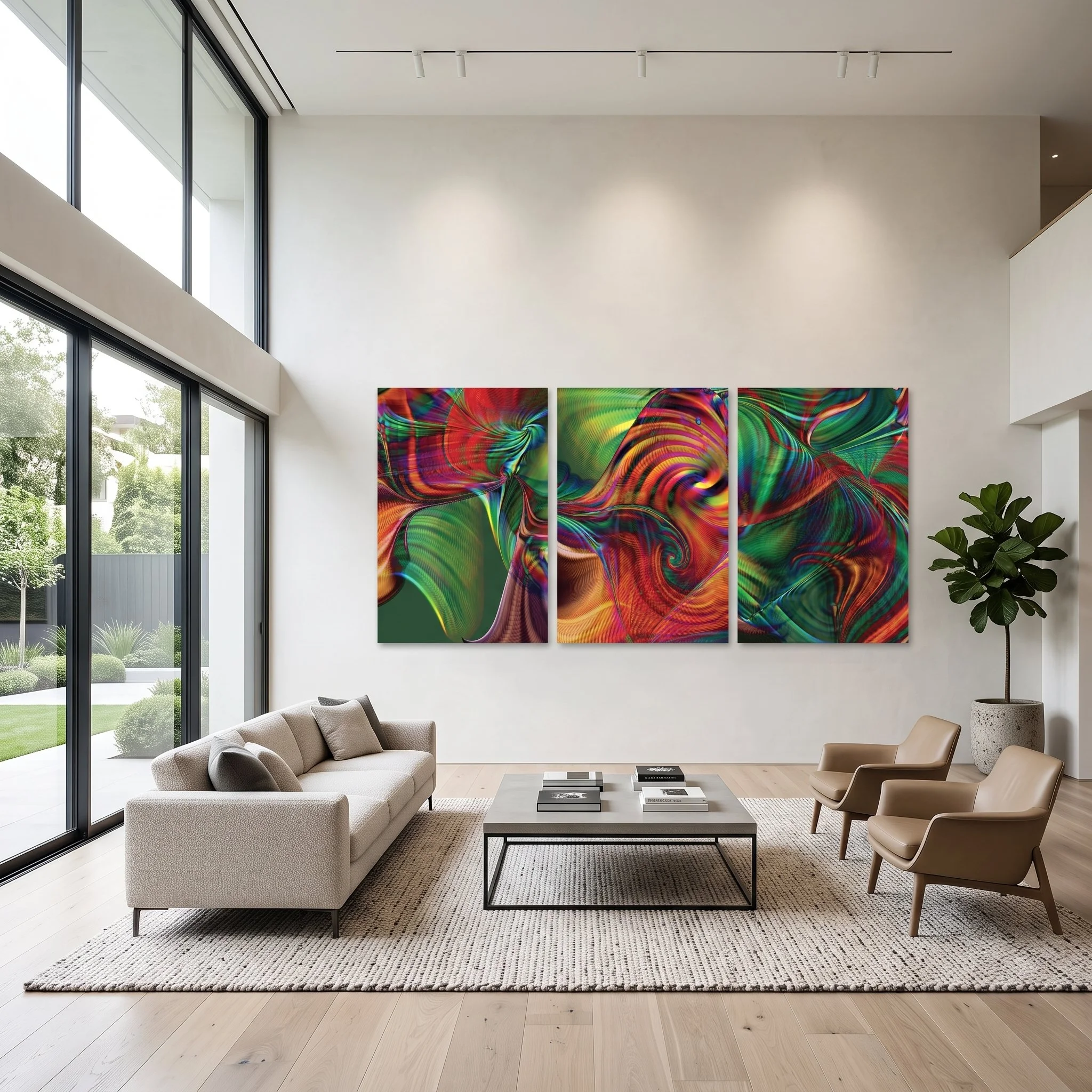 Abstract triptych artwork on a white wall in a luxury living room with light hardwood floors, a beige sofa, two leather armchairs, grey coffee table on a rug and glass doors to a garden.