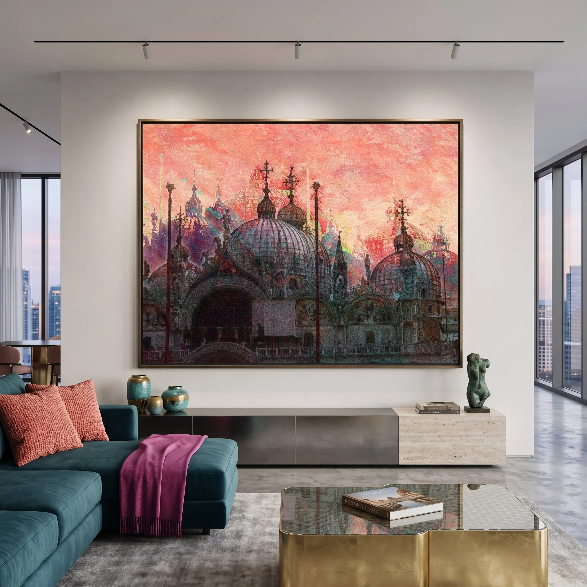 Large-format Venice fine art print hanging on a white wall in a luxury contemporary living room with a teal sectional sofa and gold coffee table