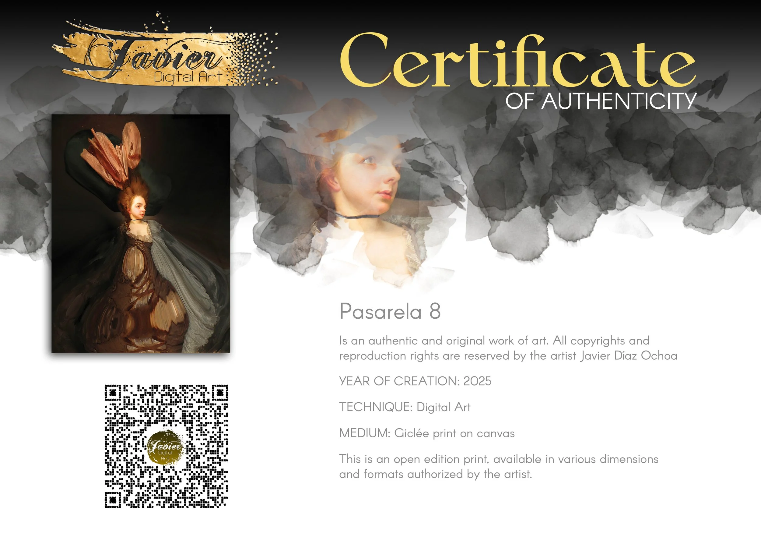 Contemporary fine art print of a surreal deconstruction of a classical lady portrait, featuring an exaggerated hat and a sweeping distorted gown, framed and ready to hang. Certificate of Authenticity