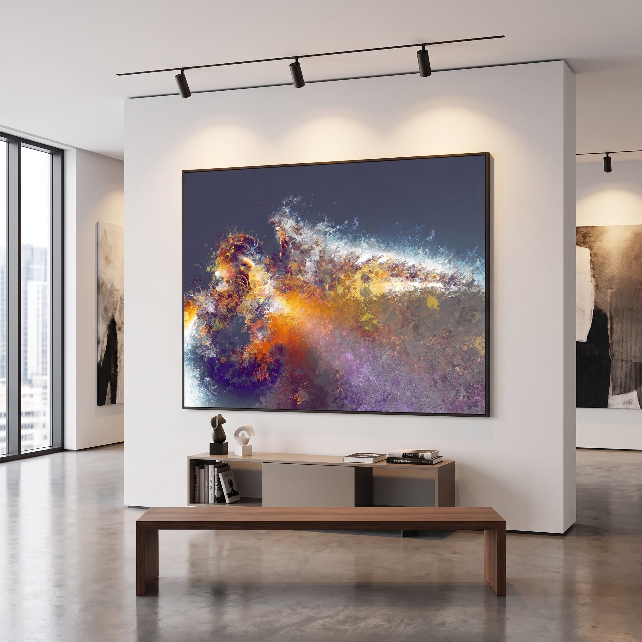 Abstract painting with orange and purple tones displayed in a modern art gallery with polished concrete floors, a wooden bench, and track lighting.