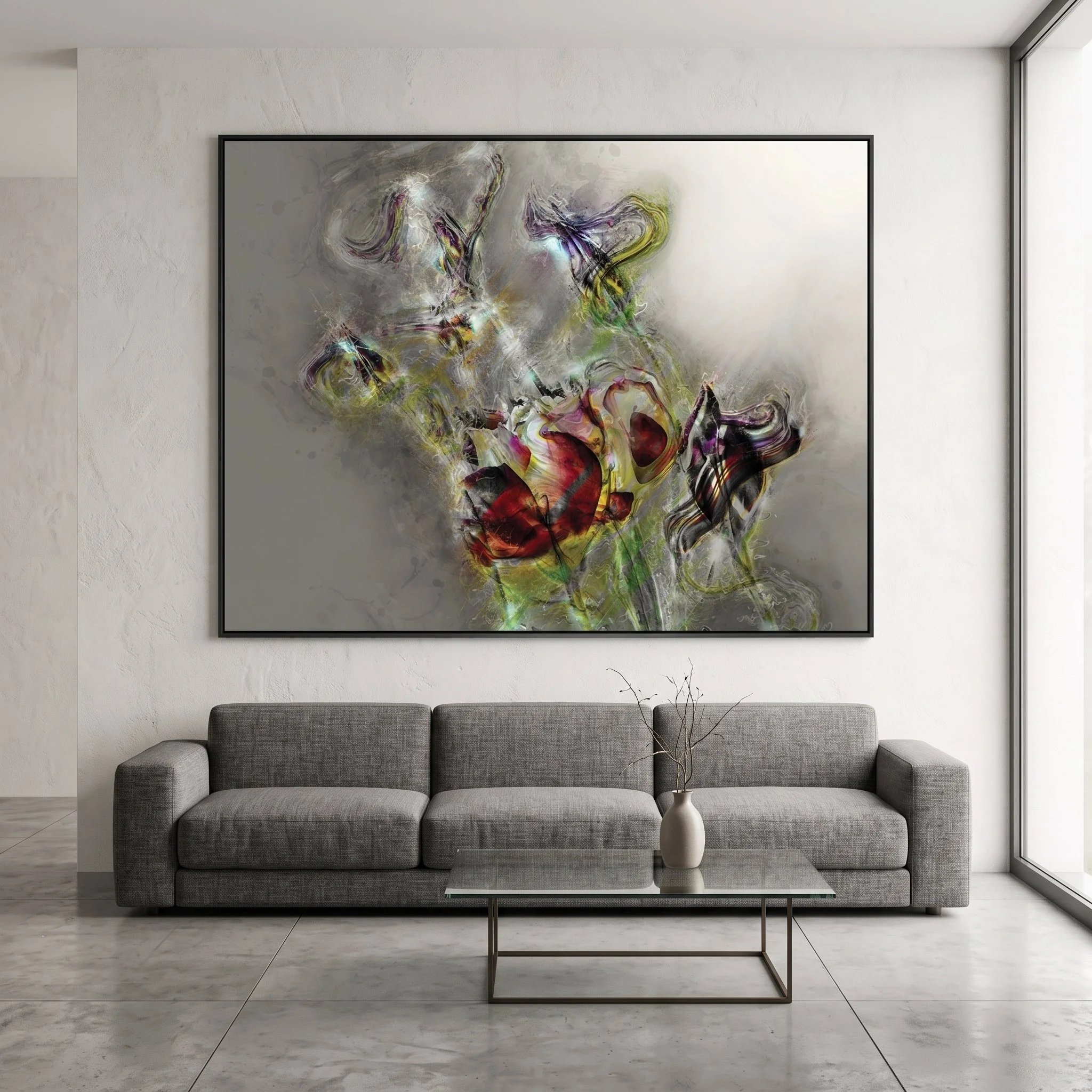 Large canvas art with a textured grey and red abstract design hanging above a grey sofa, featuring a minimalist glass coffee table and polished concrete floors.