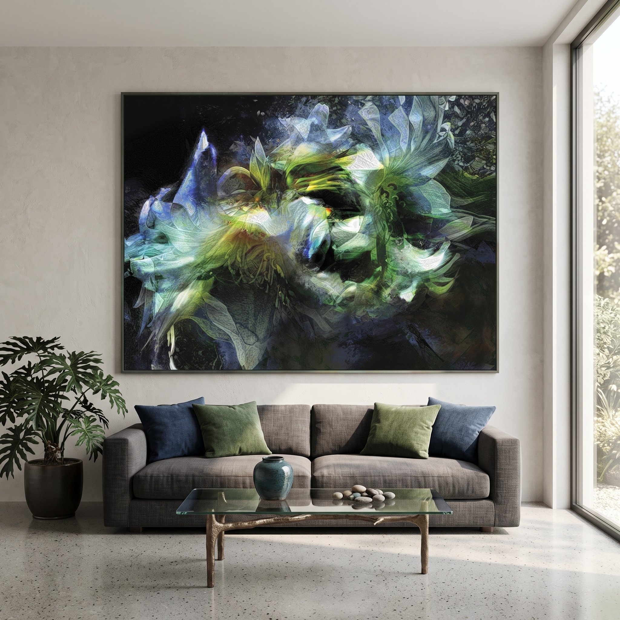 Modern living room interior mockup featuring a large framed abstract painting with green, blue, and yellow botanical textures hanging above a dark grey sofa with matching pillows.