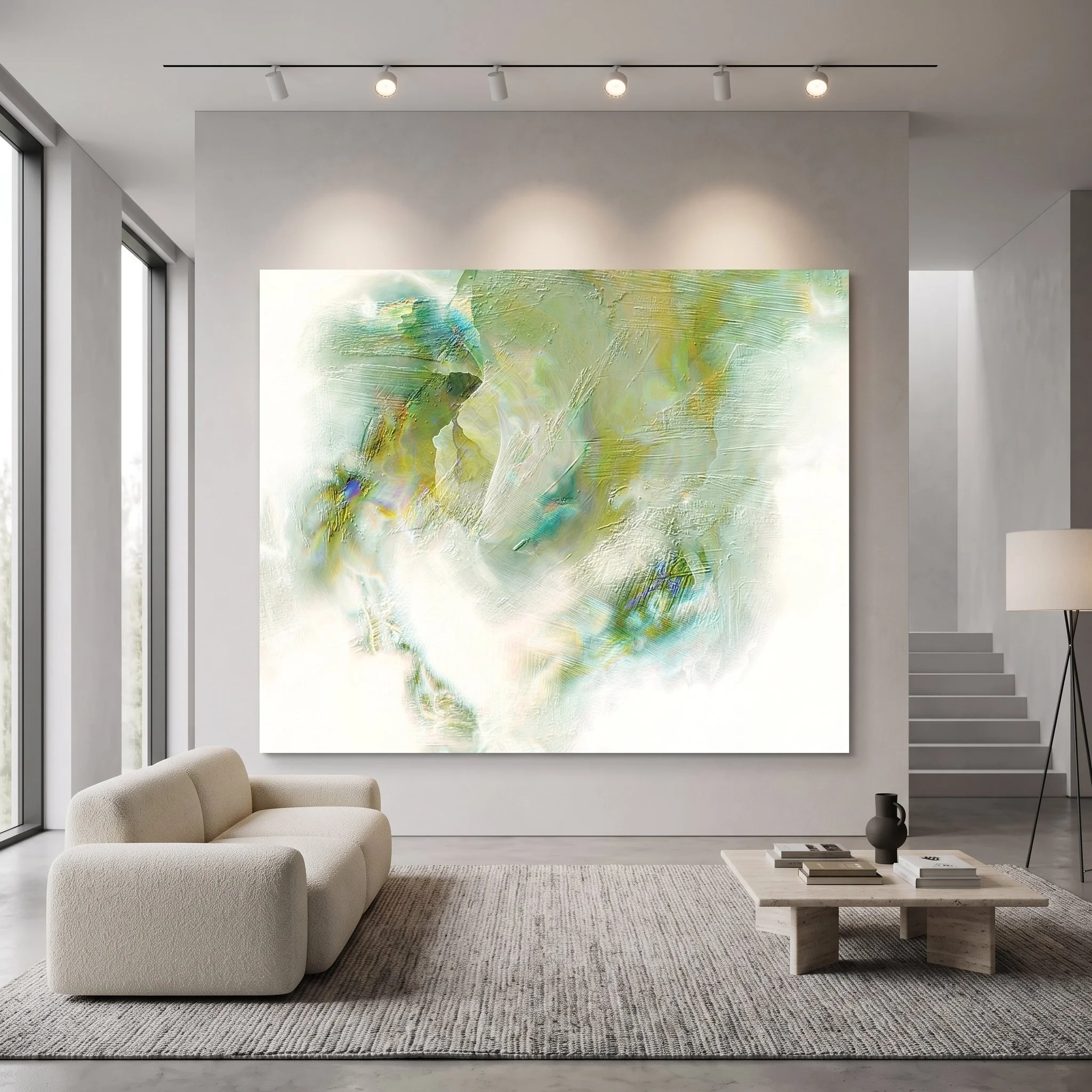 Large green and white abstract painting on the wall of a modern living room with beige boucle sofa, rustic coffee table, gray rug and track lighting
