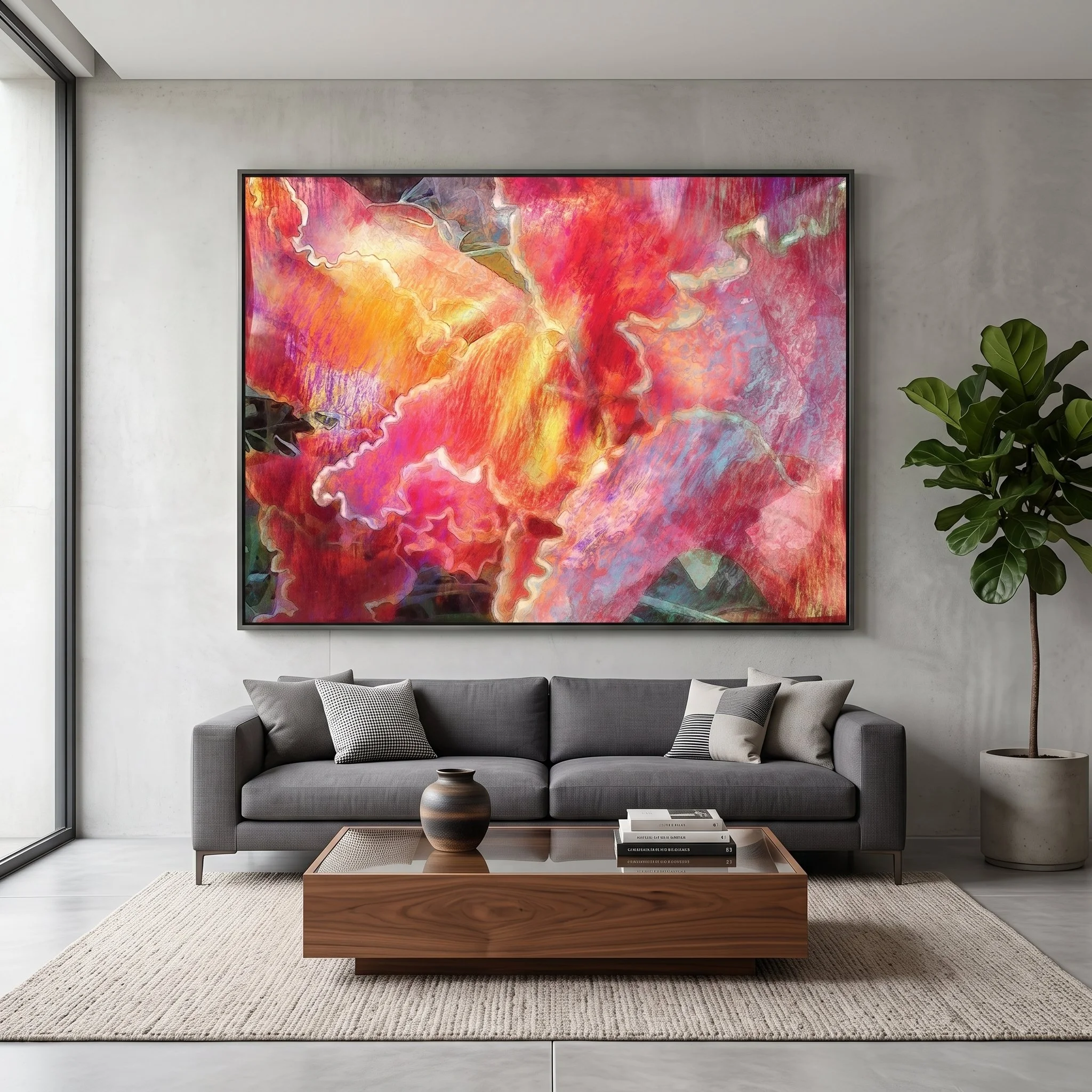 Large canvas art with a vibrant pink and orange abstract design hanging above a grey fabric sofa, featuring a wooden coffee table, textured rug, and a potted fiddle-leaf fig tree.