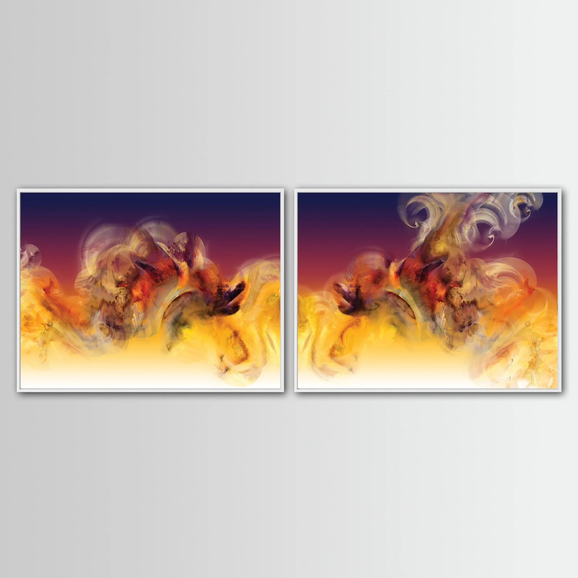 Abstract diptych with textured, cloud-like fluid shapes in orange, golden ocher, and red, with contrasting against a dark purple background, framed and ready to hang. With white frame