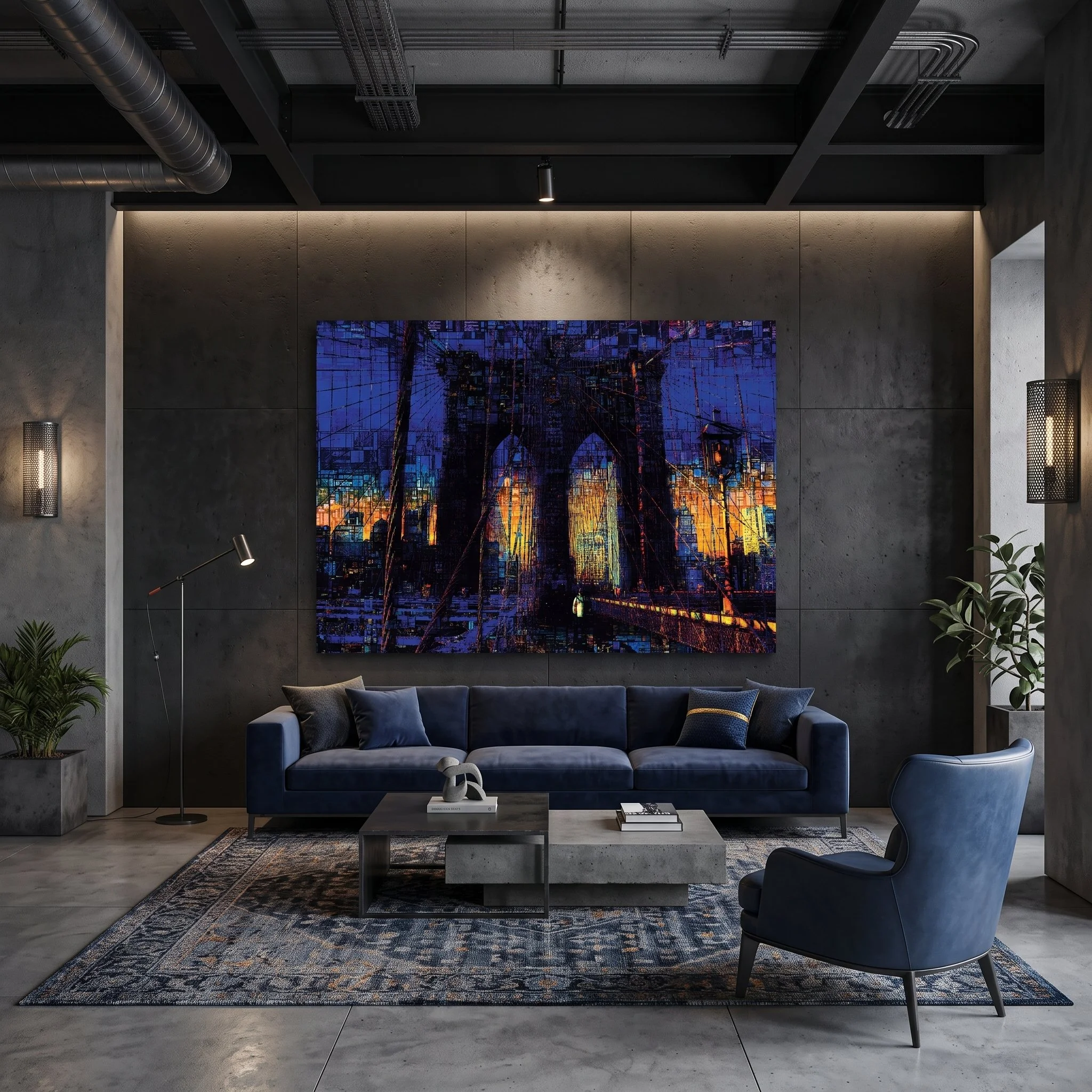 Large-format Brooklyn Bridge night painting hanging on the dark concrete wall of an industrial living room with blue sofas, an ornamental rug, and spotlighting