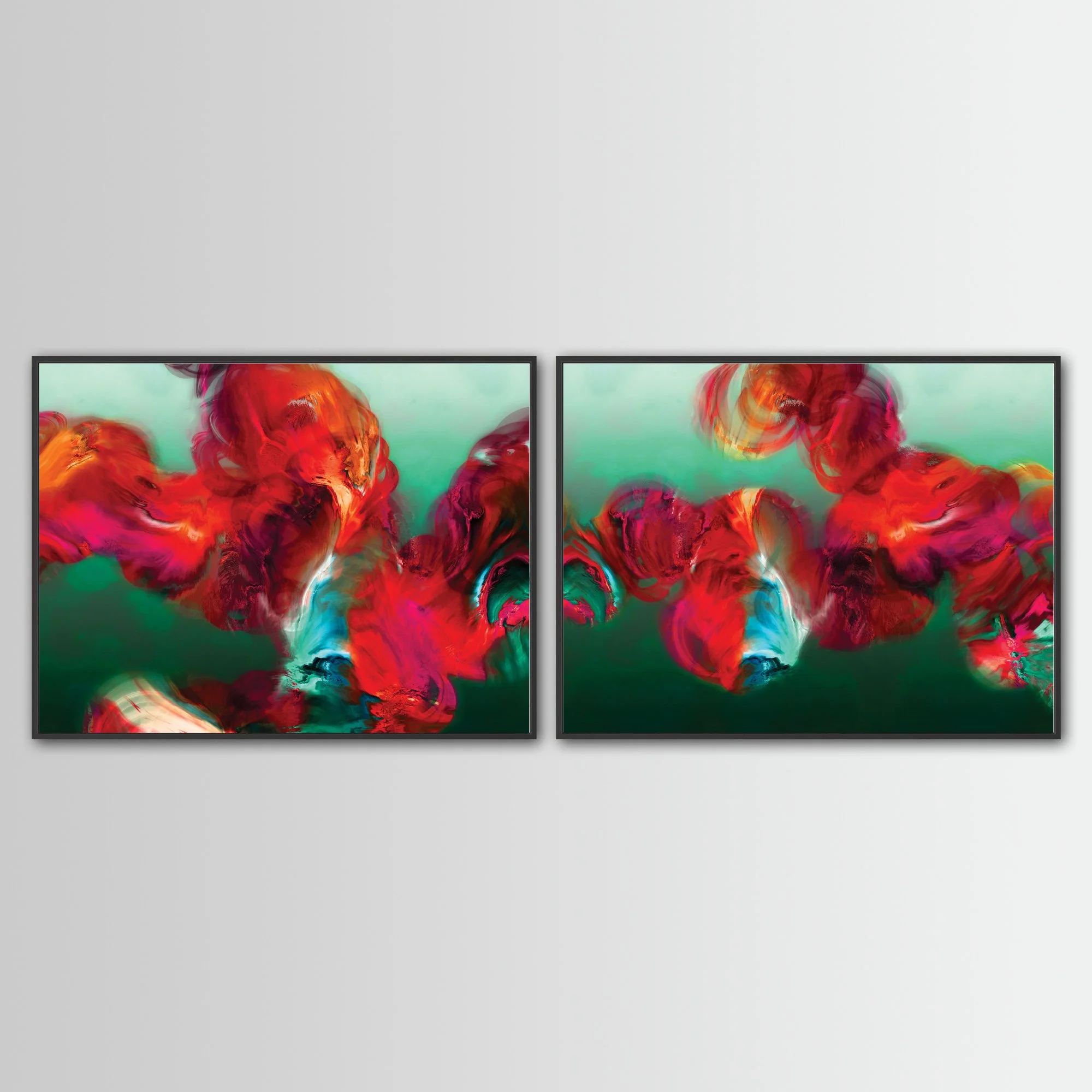 Abstract diptych with textured, cloud-like fluid shapes in fiery red, magenta, and bright ocher against a deep emerald green and teal background, framed and ready to hang. With black frame