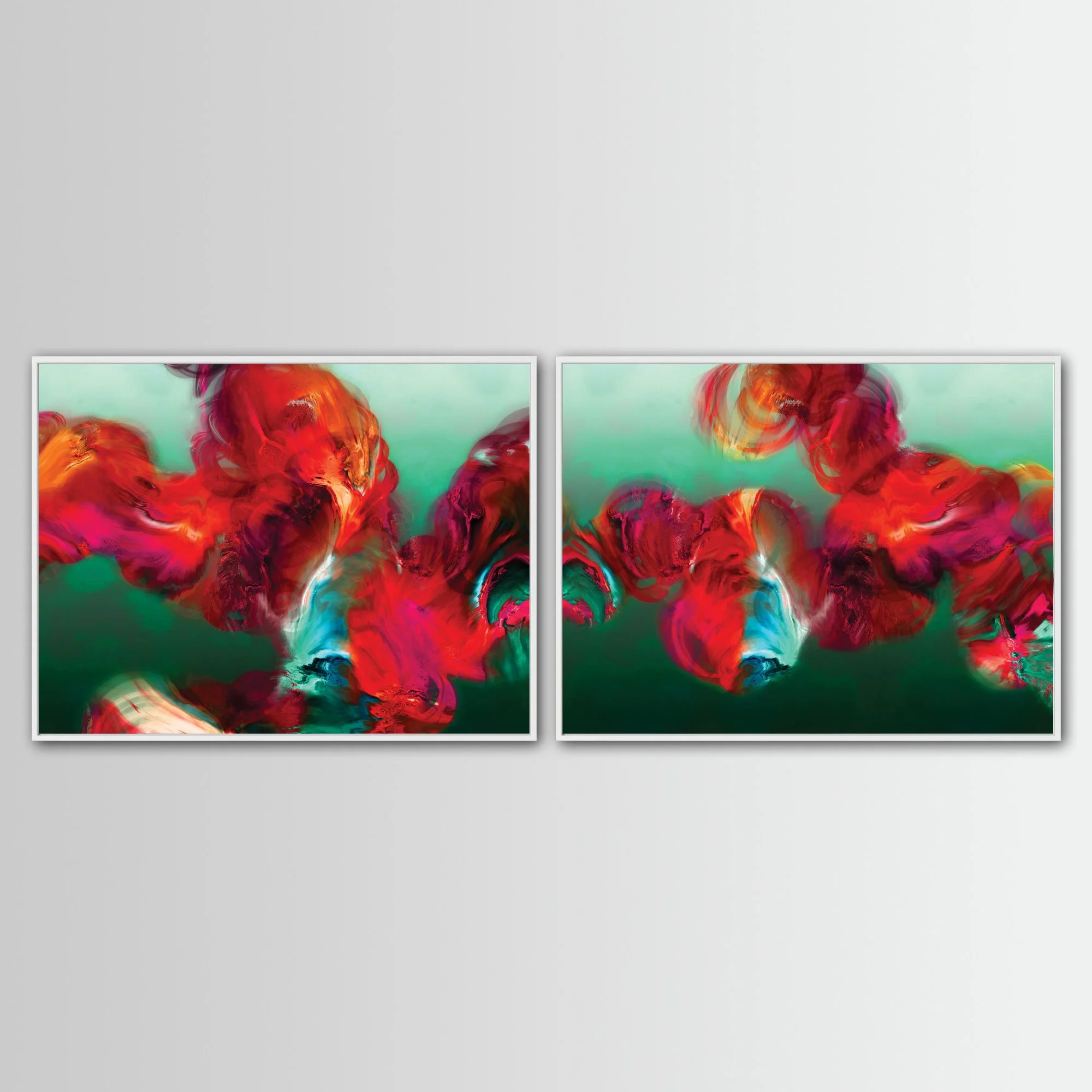 Abstract diptych with textured, cloud-like fluid shapes in fiery red, magenta, and bright ocher against a deep emerald green and teal background, framed and ready to hang. With white frame