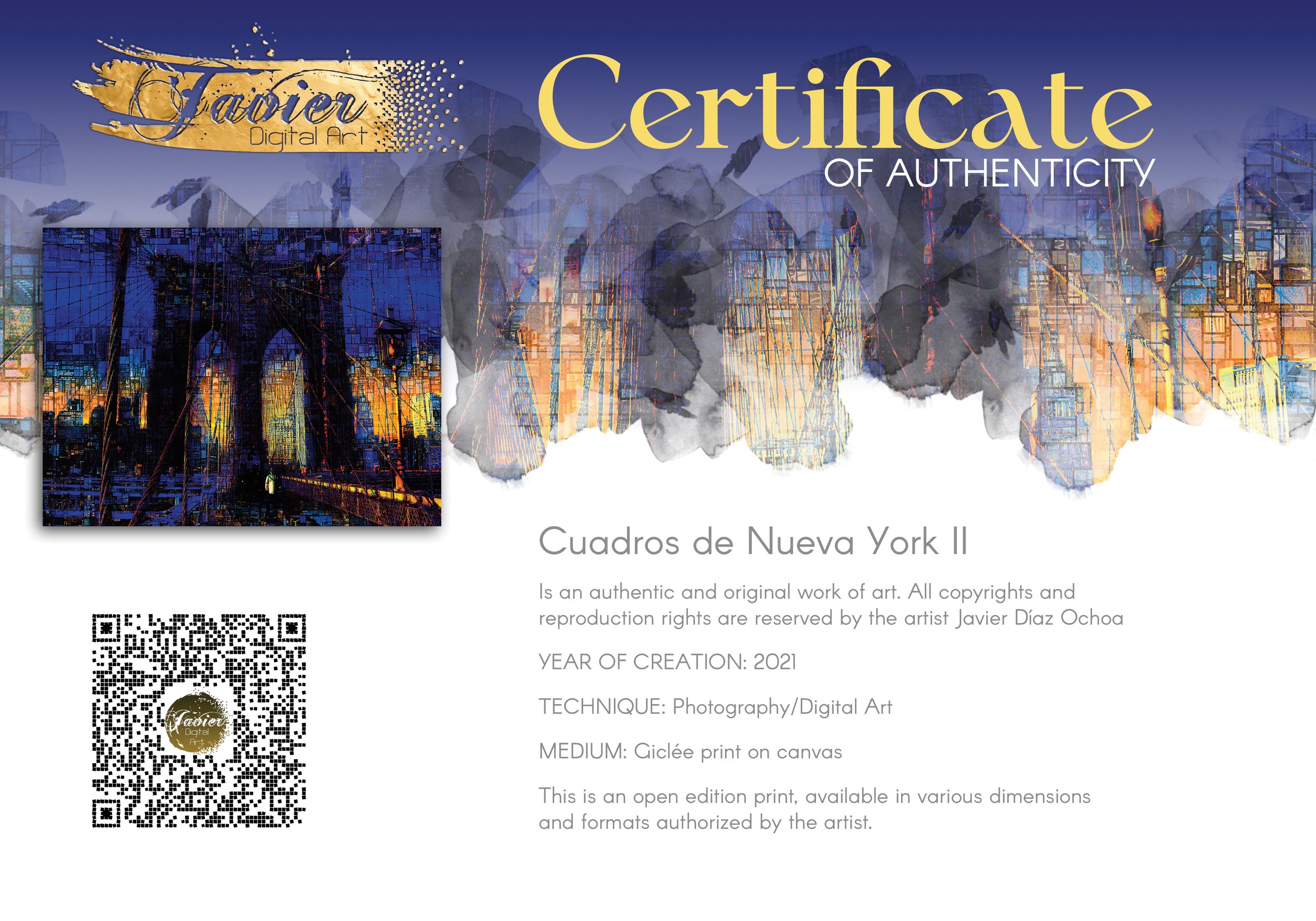 Abstract fine art print of the Brooklyn Bridge at sunset featuring a complex mosaic and pixelated texture in deep blue and vibrant golden tones, framed and ready to hang. Certificate of Authenticity
