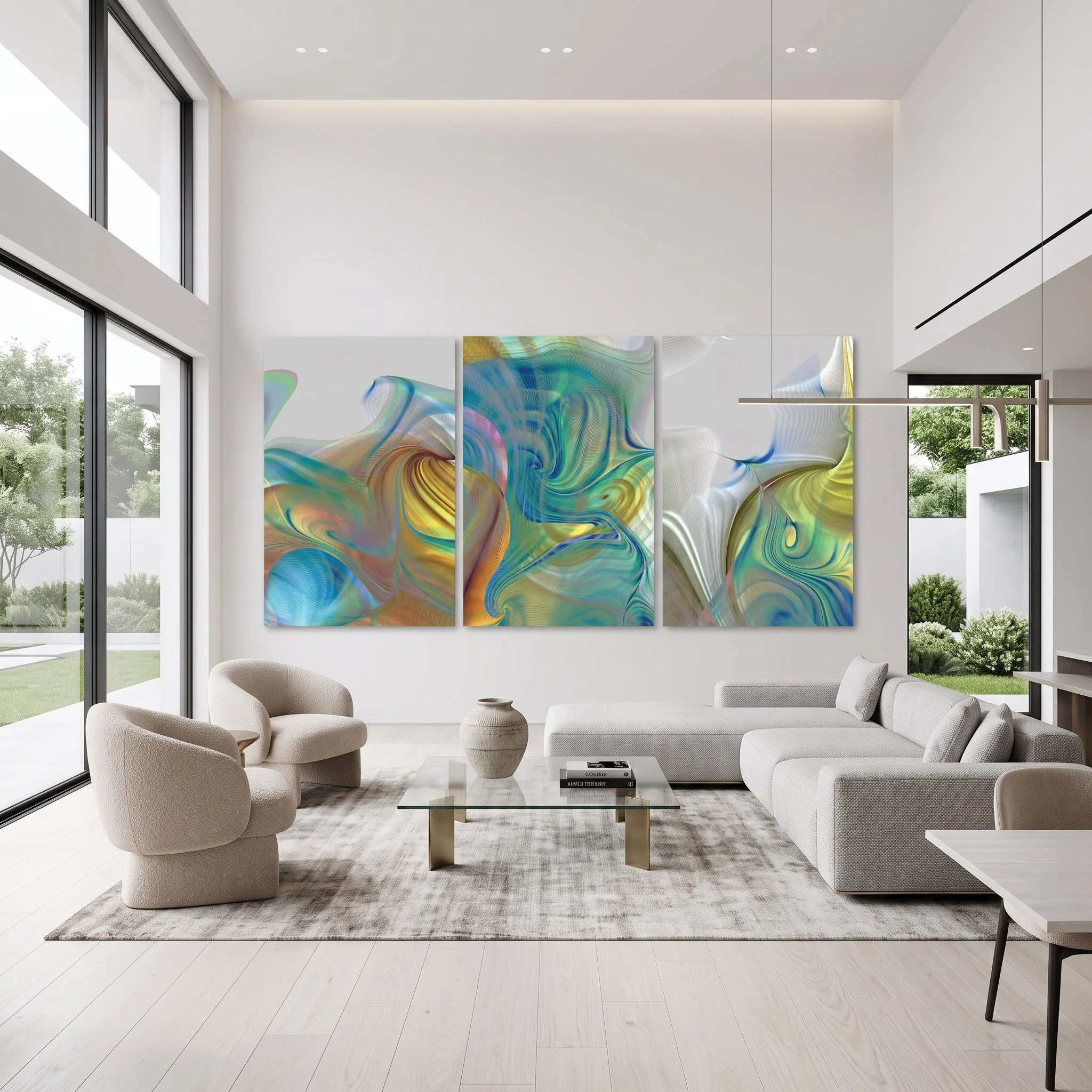 Abstract triptych artwork displayed on a white wall in a double-height living room an off-white sofa, modern bouclé accent chairs, a glass coffee table on a textured rug, and expansive windows.