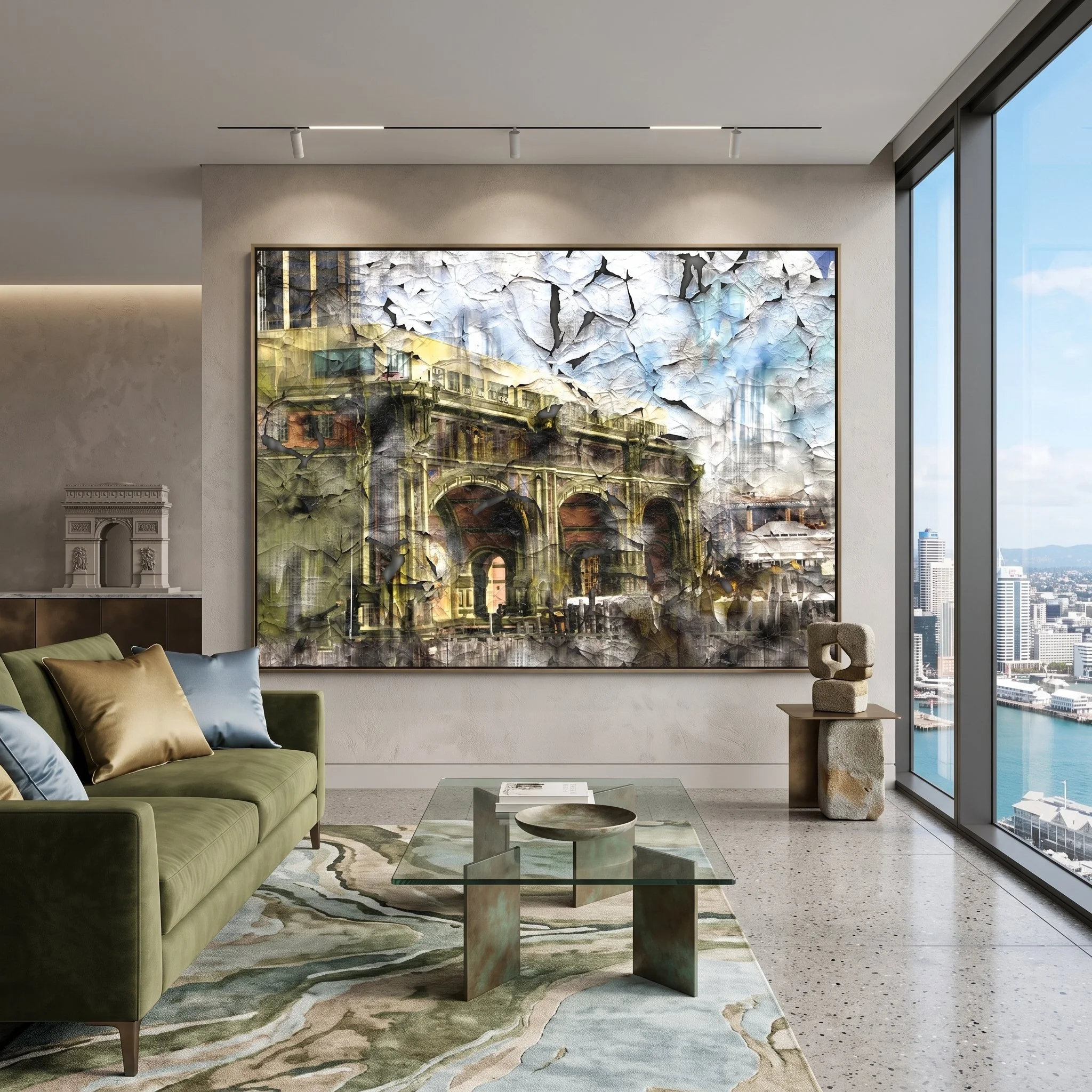 Large fine art print hanging on a beige wall in a luxury penthouse living room with a green sofa, glass coffee table, and panoramic harbor views